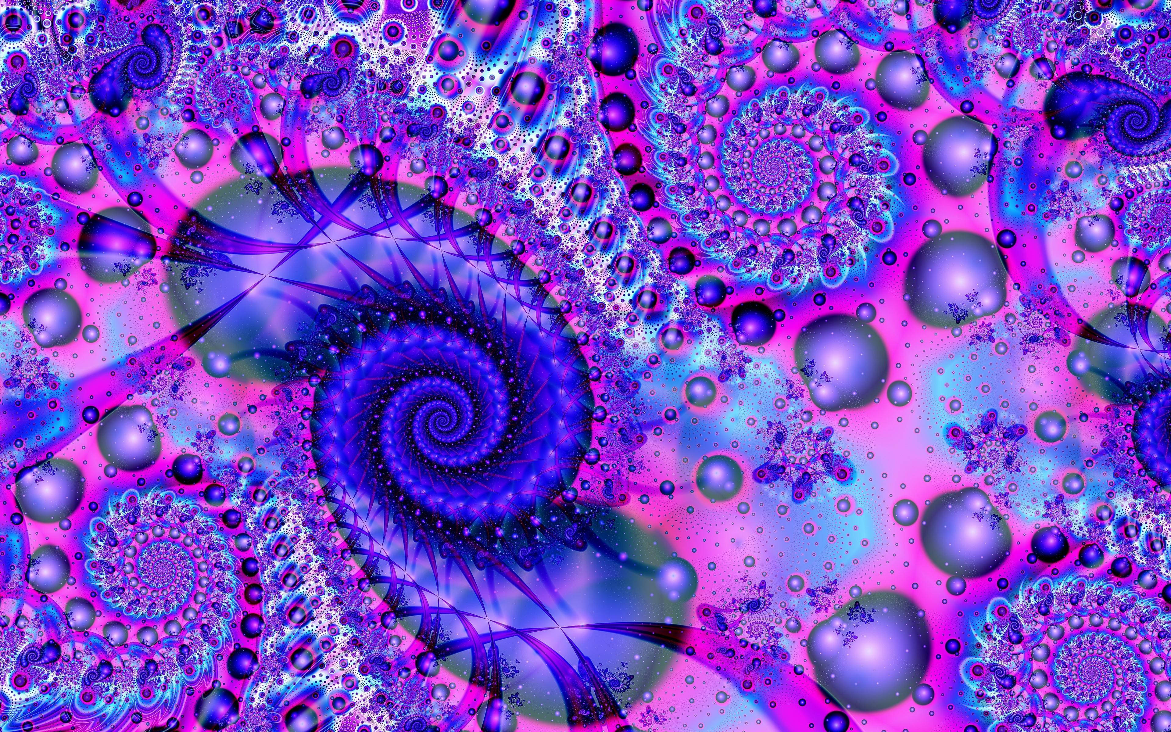Spiral 桌布 壁紙 — 充滿活力的分形螺旋和發光球體在電光紫、粉紅和藍色調中旋轉，營造出迷人的數位夢境。