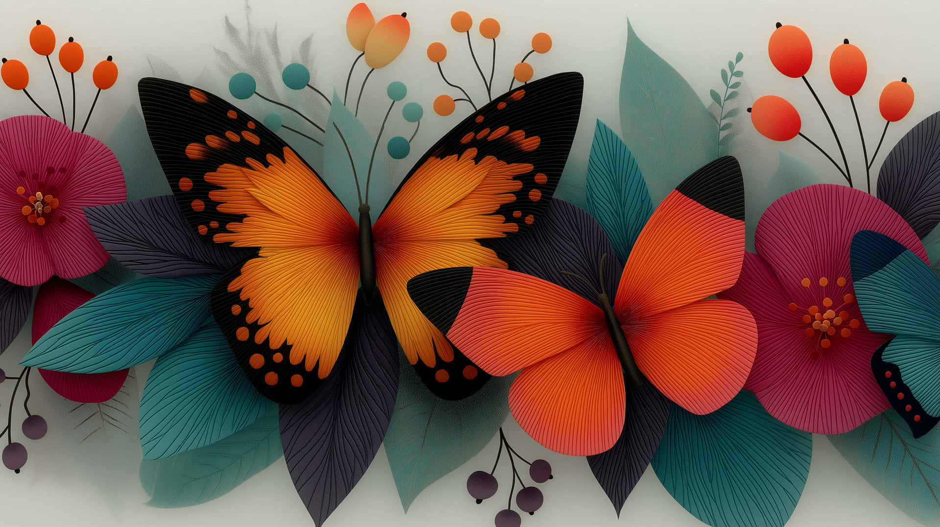 Doodle Butterflies and Flowers, Artistic Display 壁紙 — 充滿活力的剪紙蝴蝶，帶有橙色、黑色和藍綠色翅膀，在白色背景上的粉紅色花朵和漿果間休息。