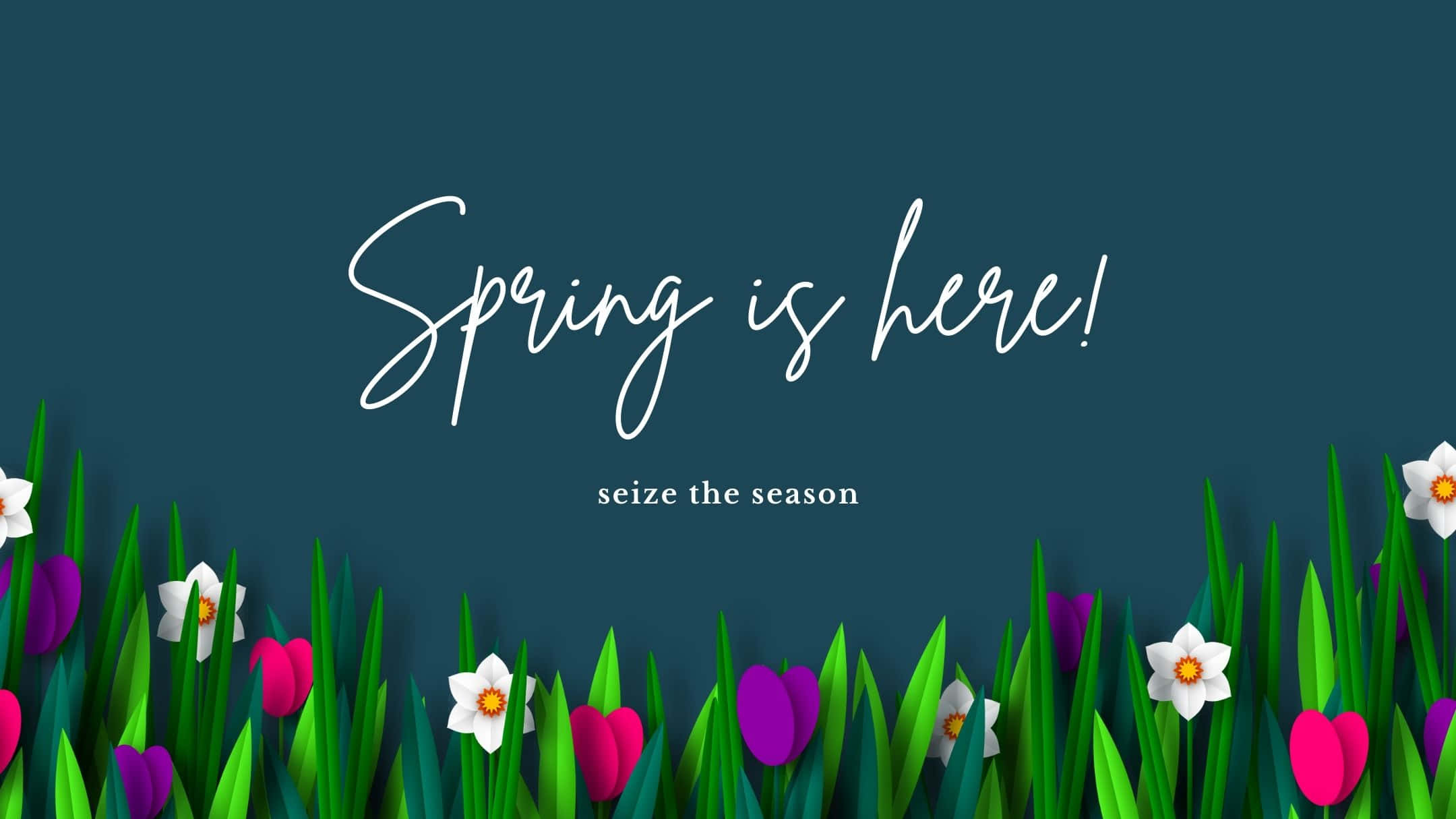 Best Spring 桌布 壁紙 — 充滿活力的剪紙鬱金香和水仙花沿著青綠色邊框盛開，下方優雅的白色字體宣告春天的到來。