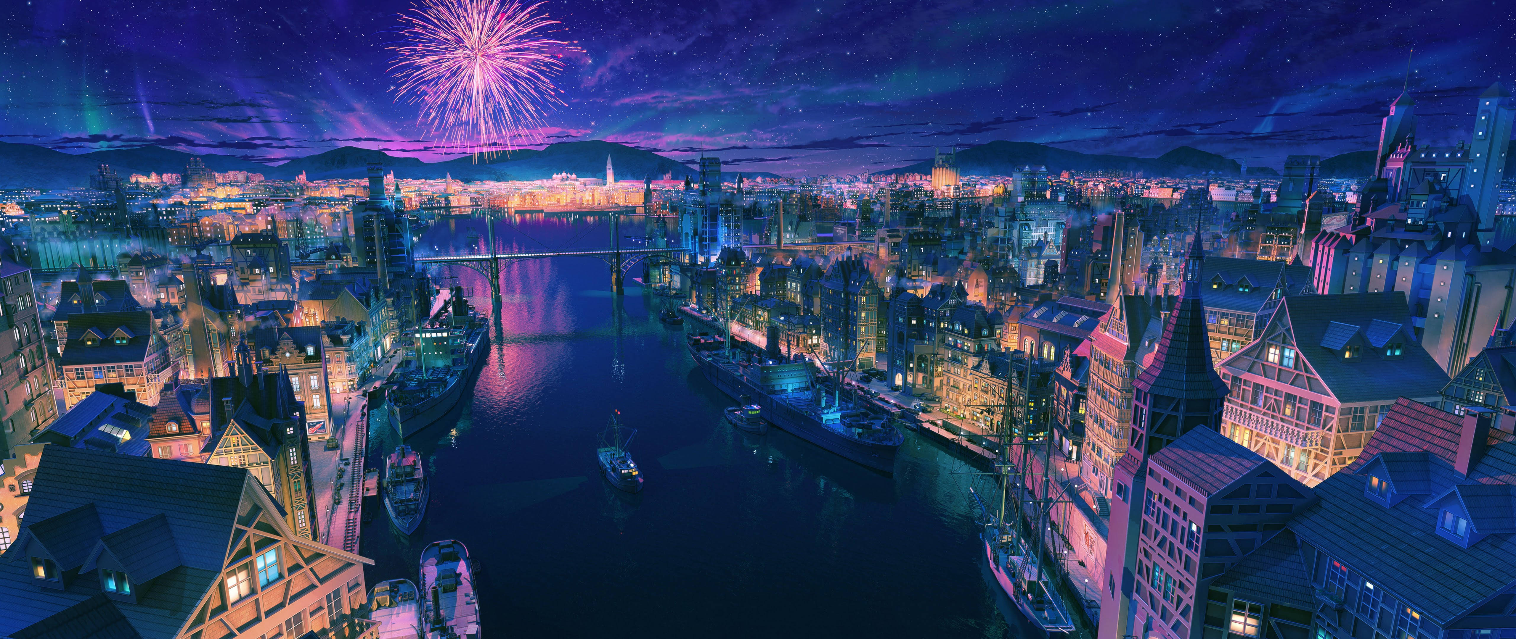 桌布 壁紙 — 充滿活力的動漫城市夜景，煙火在閃爍的港灣和星空上綻放。