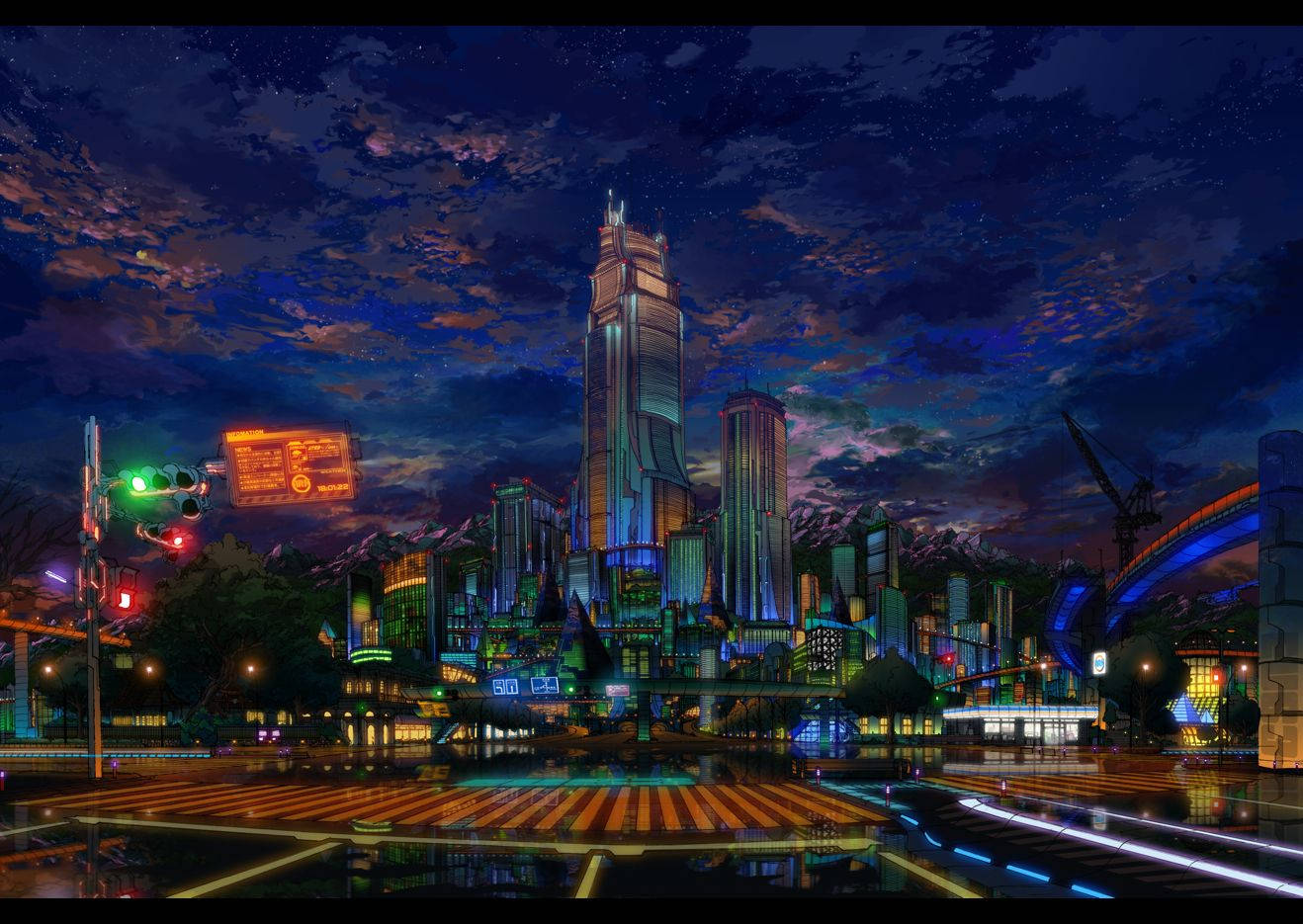 動漫城市 桌布 壁紙 — 充滿活力的動漫城市夜景，霓虹燈在星空下的濕漉漉街道上反射。