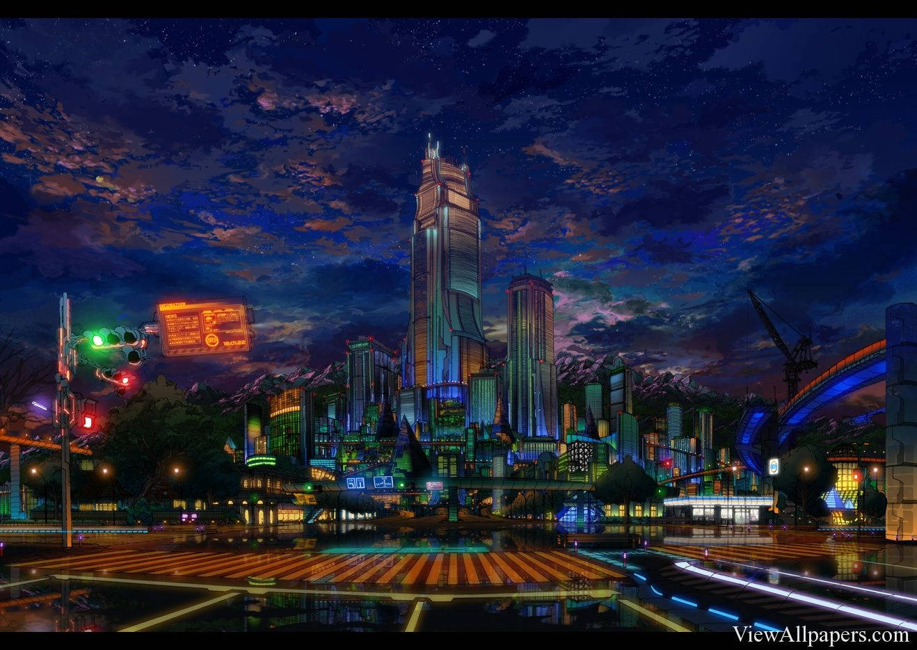 Skyscraper 桌布 壁紙 — 充滿活力的動漫城市夜景，霓虹燈在星空下的濕漉漉街道上反射。
