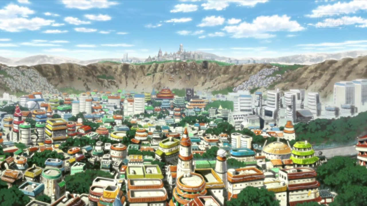 Naruto Village 桌布 壁紙 — 充滿活力的動漫城市景觀，色彩繽紛的傳統與現代建築坐落在翠綠山丘上，頭頂是明亮的藍天。