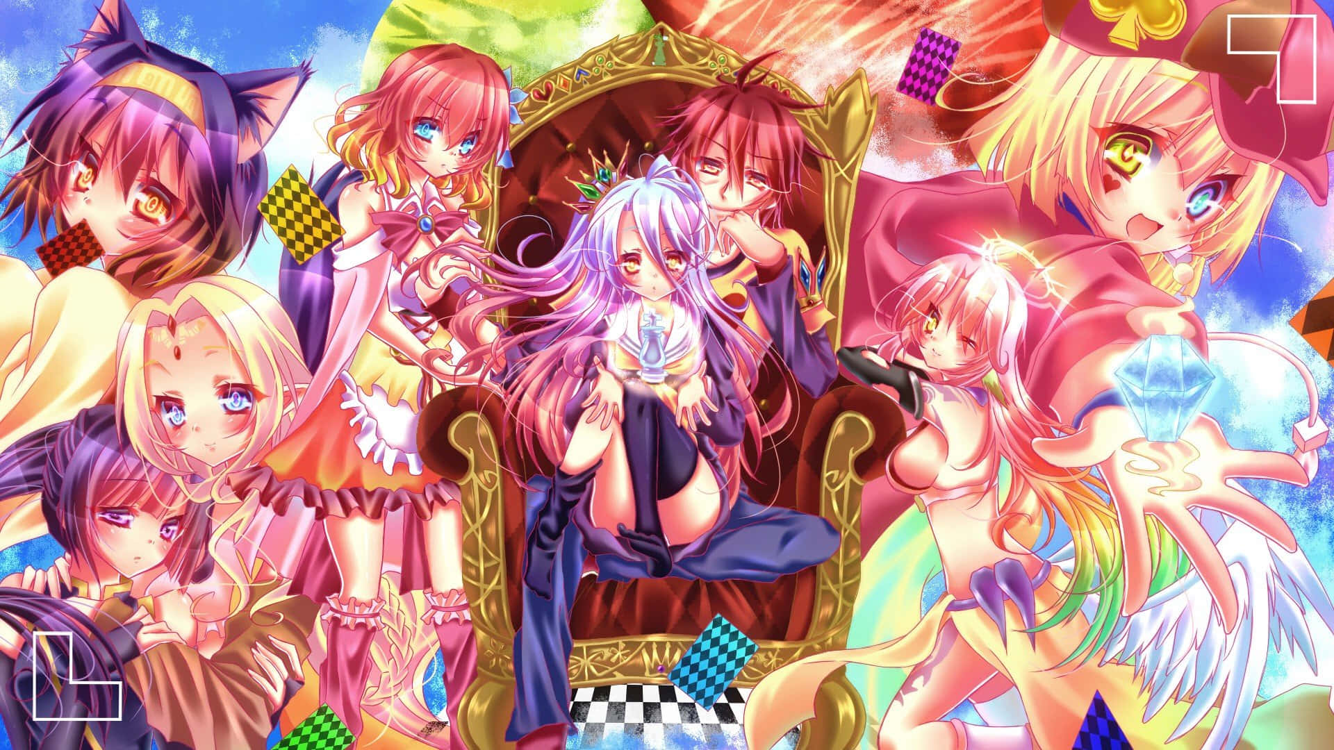 遊戲人生 桌布 壁紙 — 充滿活力的動漫女孩，戴著貓耳和翅膀，在色彩繽紛、超現實的奇幻場景中，在王座周圍動態擺姿勢。