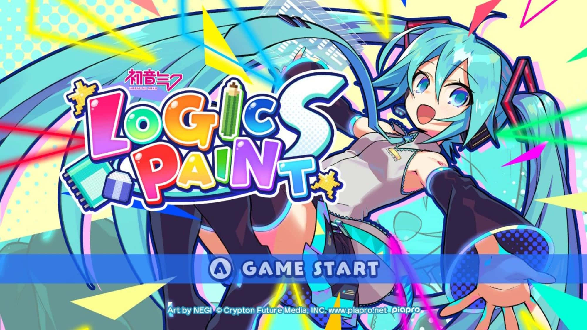 初音未來 桌布 壁紙 — 充滿活力的動漫女孩，擁有綠松石色頭髮，從色彩繽紛的幾何形狀中爆發出來，形成動態的遊戲標題畫面。