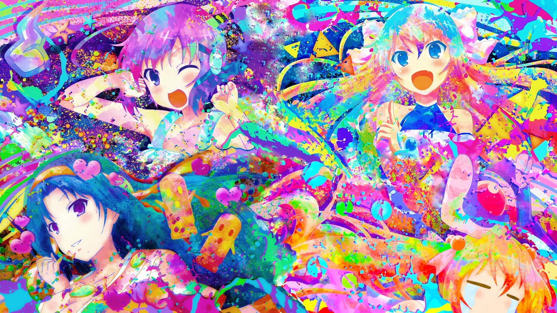 動漫 桌布 壁紙 — 充滿活力的動漫女孩，擁有色彩繽紛的頭髮和富有表現力的面孔，從混亂的霓虹顏料和閃閃發光的五彩紙屑中迸發出來。