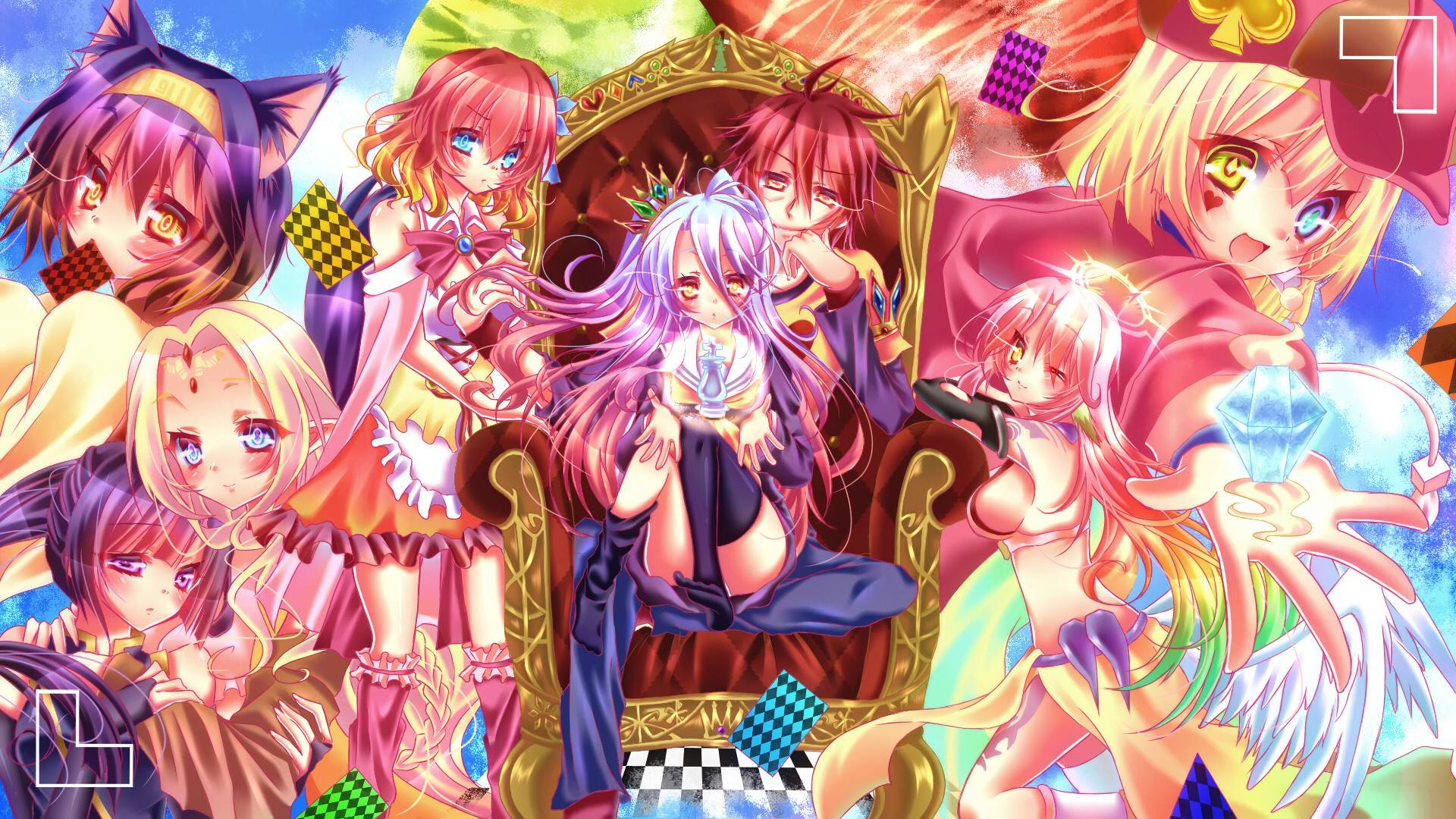 game 桌布 壁紙 — 充滿活力的動漫女孩，擁有貓耳和翅膀，在色彩繽紛的幻想場景中圍繞王座動態擺姿勢。