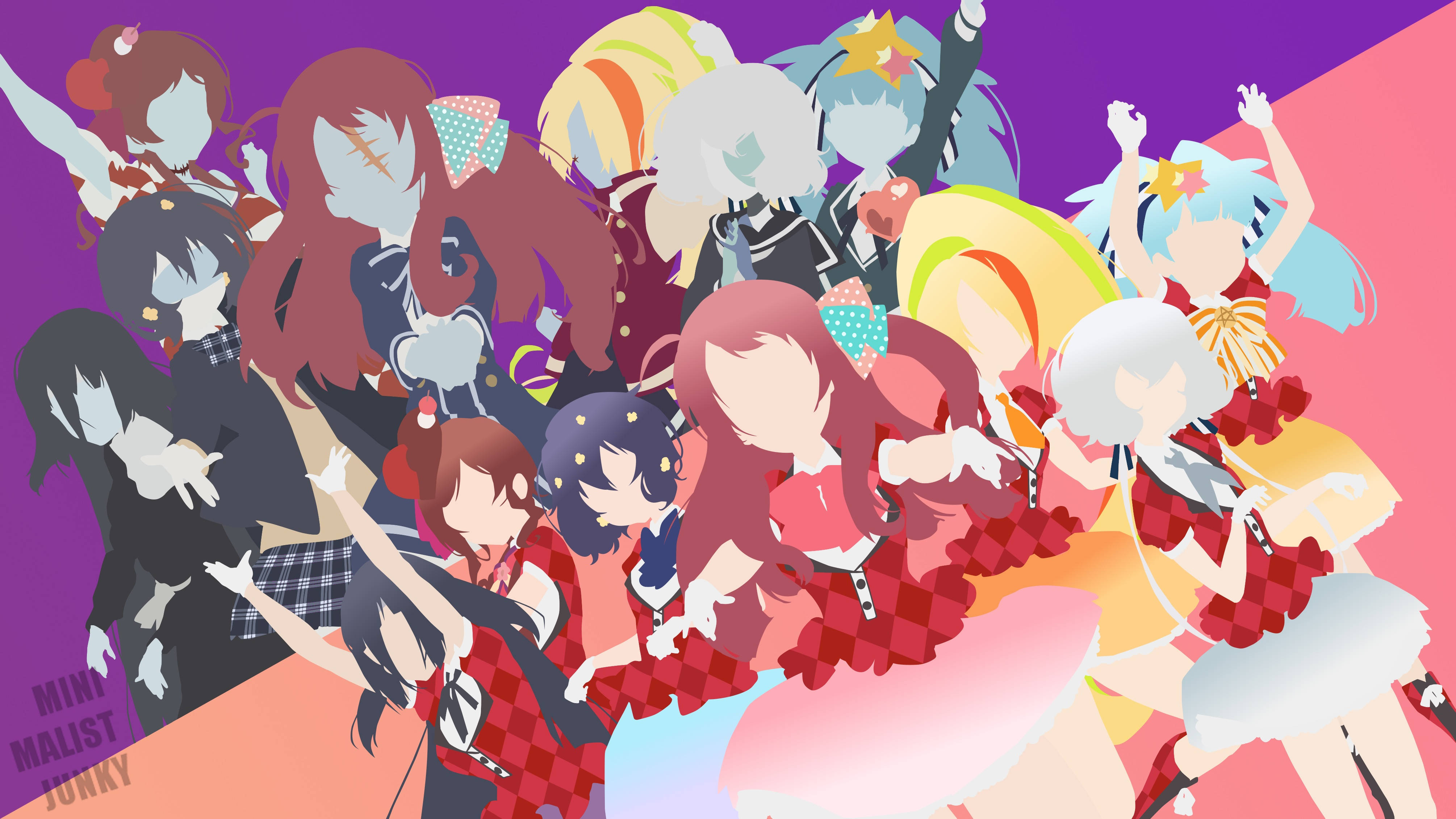 zombie land saga 桌布 壁紙 — 充滿活力的動漫女孩以動態姿勢和色彩繽紛的服裝，在鮮明的紫色和粉紅色漸變背景前充滿活力地跳舞。