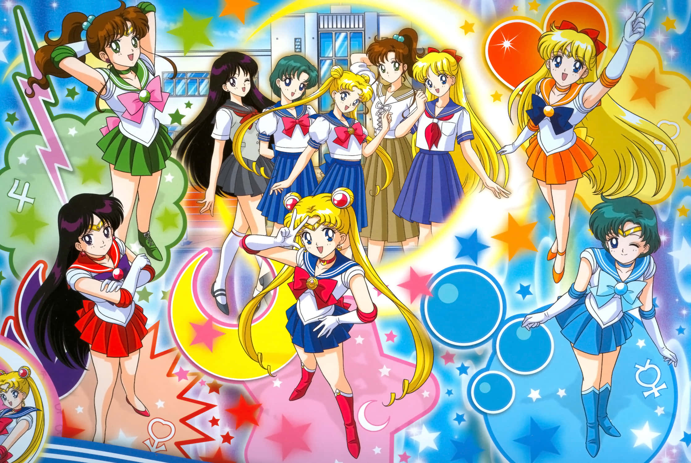 Sailor Venus 桌布 壁紙 — 充滿活力的動漫女孩穿著水手服，在閃爍的宇宙背景中動感擺姿勢，背景有星星和魔法符號。