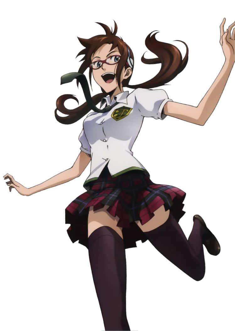 Mari Illustrious Makinami 桌布 壁紙 — 充滿活力的動漫女學生穿著校服，在半空中跳躍，姿勢動感，頭髮飄逸，背景為白色。