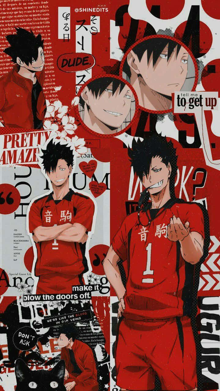 Haikyuu Captains 桌布 壁紙 — 充滿活力的動漫拼貼，描繪一位身穿紅色球衣的男性排球運動員，帶有粗體文字和圖形元素。