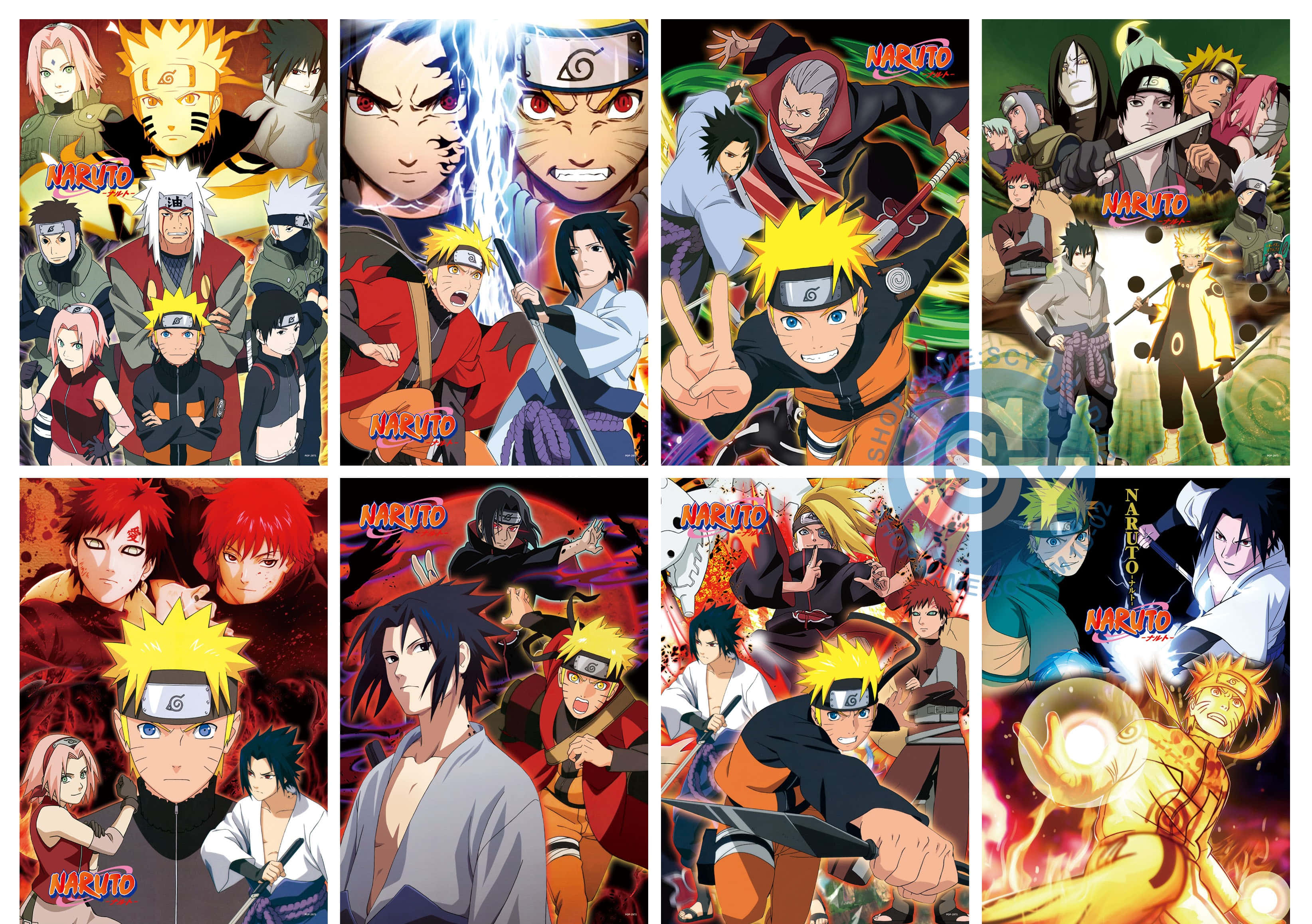 Naruto Anime 桌布 壁紙 — 充滿活力的動漫拼貼畫， featuring 鳴人和盟友以動態動作姿勢搭配火焰能量效果。