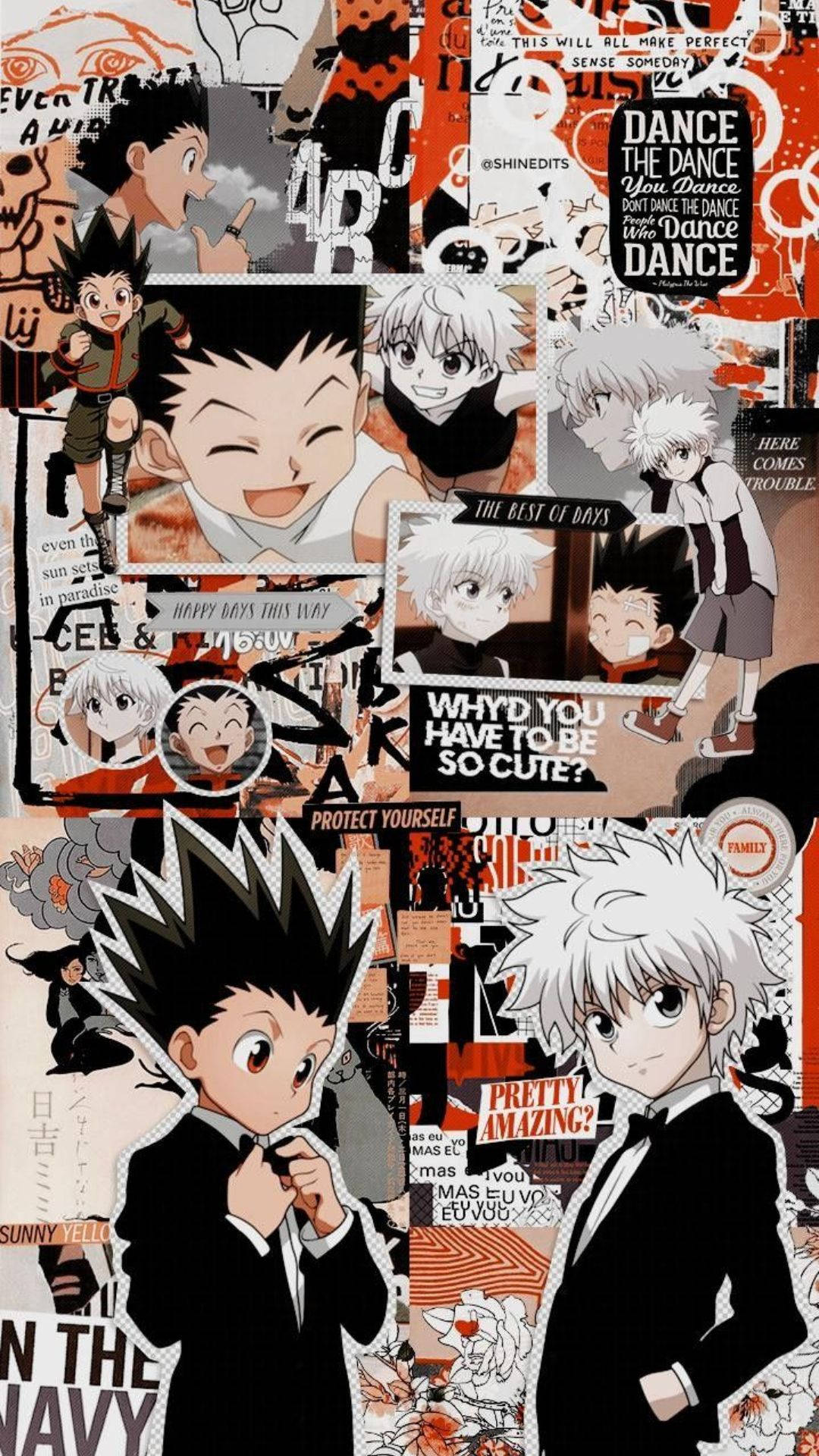 Hunter X Hunter iPhone 桌布 壁紙 — 充滿活力的動漫拼貼畫， featuring 來自 Hunter x Hunter 的小傑和奇犽，帶有粗體文字疊加和動態漫畫面板。