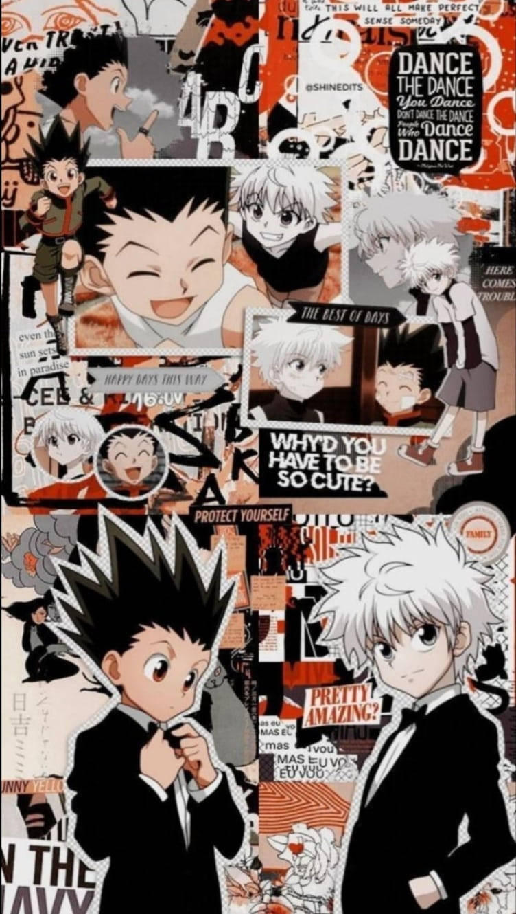 Gon And Killua 桌布 壁紙 — 充滿活力的動漫拼貼畫，以 Hunter x Hunter 角色為特色，帶有粗體文字疊加和動態漫畫面板。