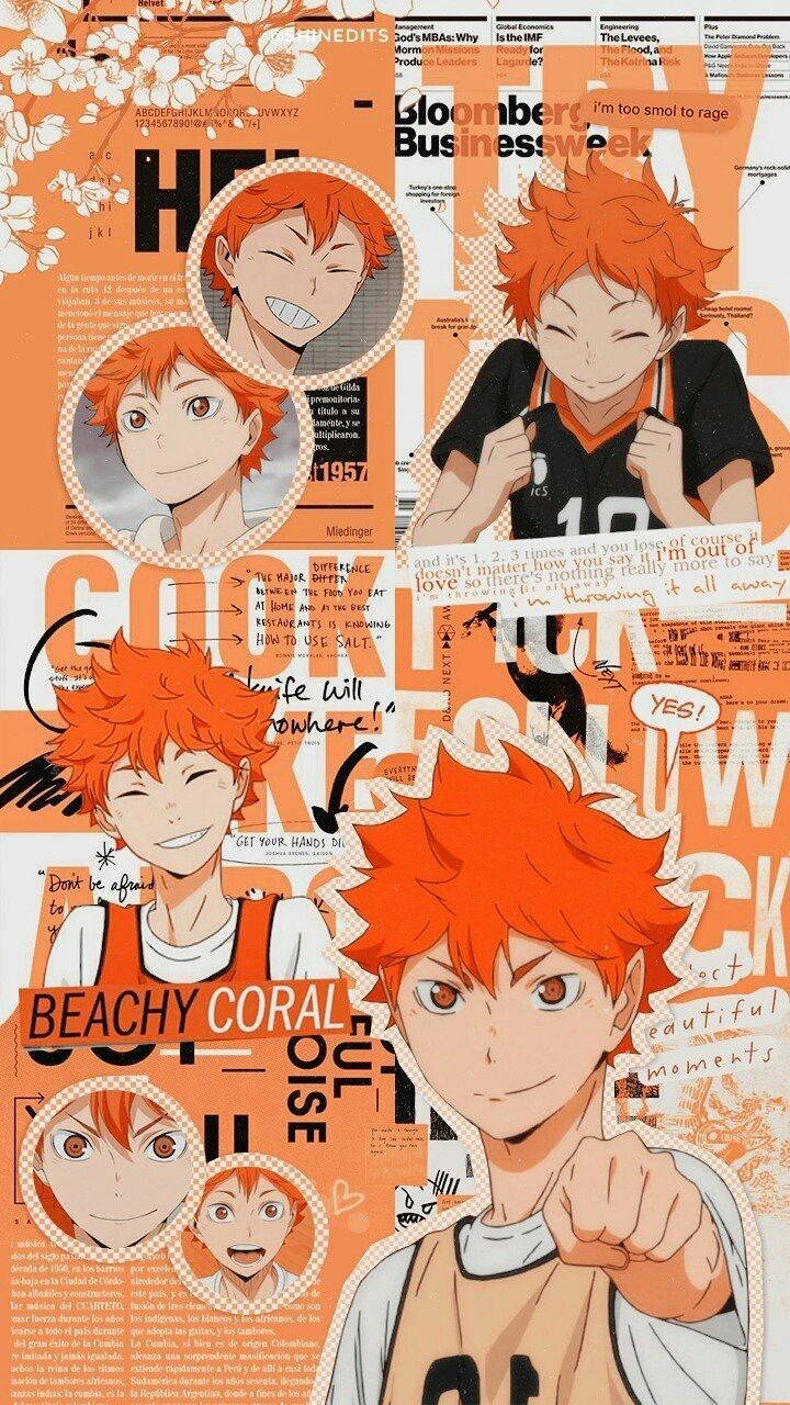 Shoyo Hinata 桌布 壁紙 — 充滿活力的動漫拼貼畫，以多個紅髮男性角色的表情豐富的肖像為特色，背景為分層報紙，帶有鮮明的橙色色調。