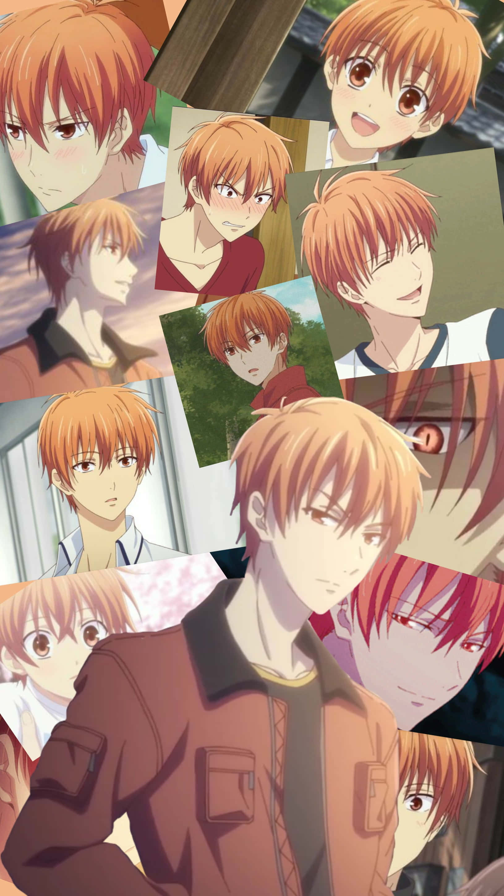Kyo Sohma 桌布 壁紙 — 充滿活力的動漫拼貼畫，包含多個表情豐富的年輕橙髮男子特寫，展現各種姿勢和情感。