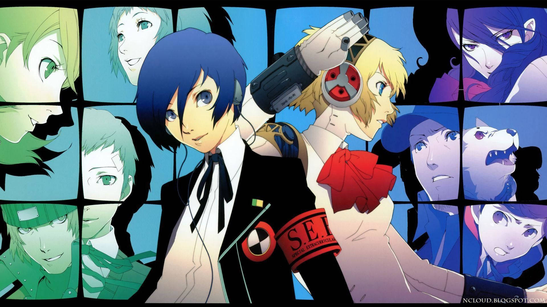Persona 3 桌布 壁紙 — 充滿活力的動漫拼貼畫，包含多個角色，表情各異，背景色彩繽紛。