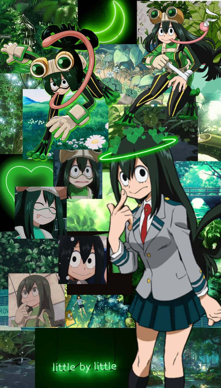 Froppy 桌布 壁紙 — 充滿活力的動漫拼貼畫，多個角色置身於鬱鬱蔥蔥的綠色環境中，帶有發光的霓虹燈點綴。