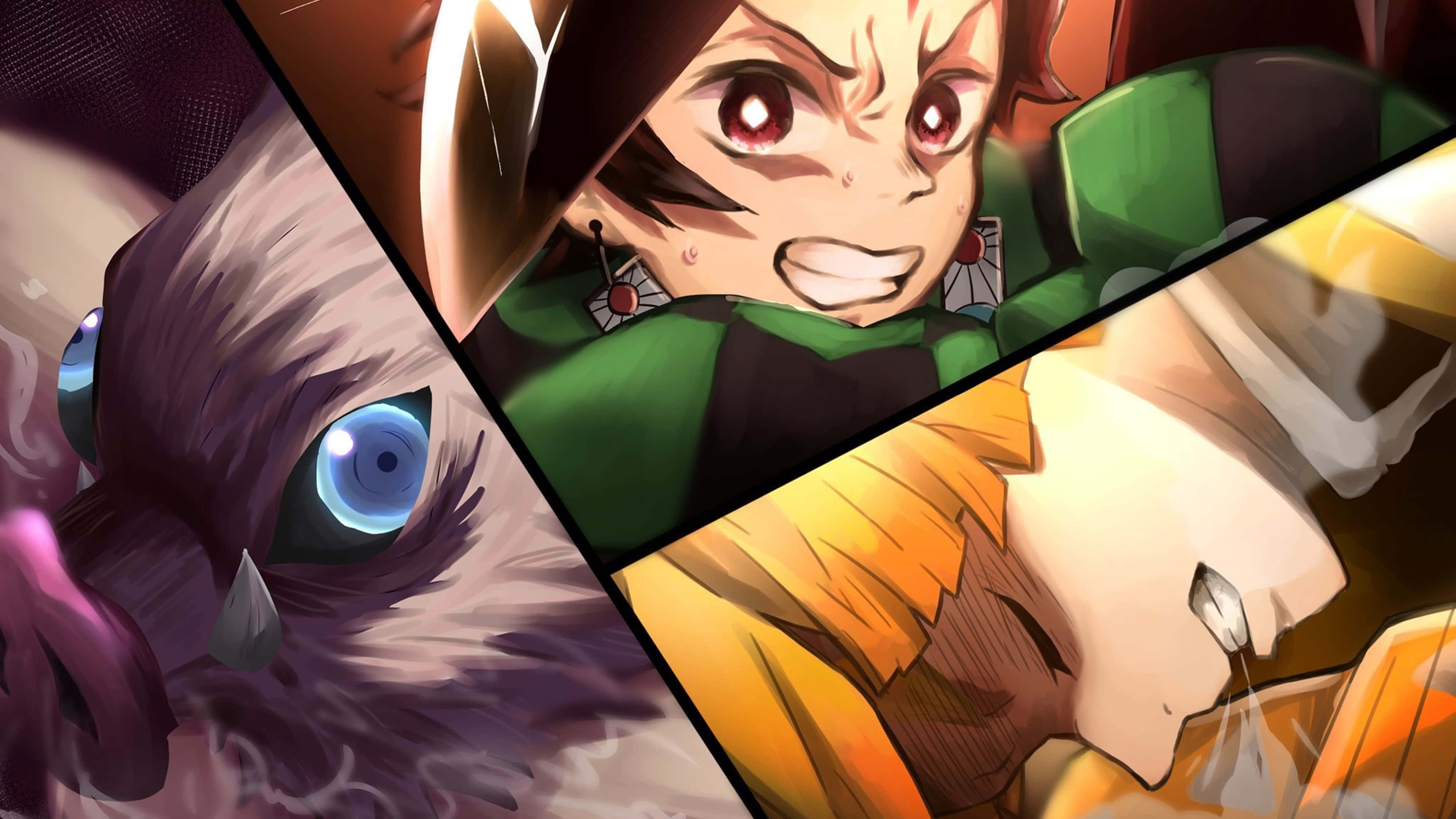 Demon Slayer Zenitsu 4K 桌布 壁紙 — 充滿活力的動漫拼貼畫，展現強烈的角色表情和發光的眼睛，色彩鮮豔。