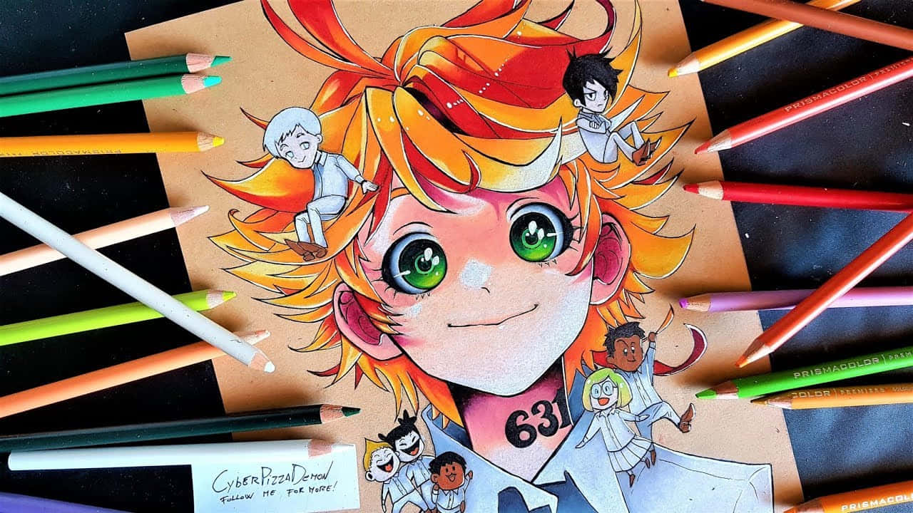 動漫 桌布 壁紙 — 充滿活力的動漫插圖，描繪一個微笑的角色，擁有火橙色頭髮和綠色眼睛，被彩色鉛筆包圍。