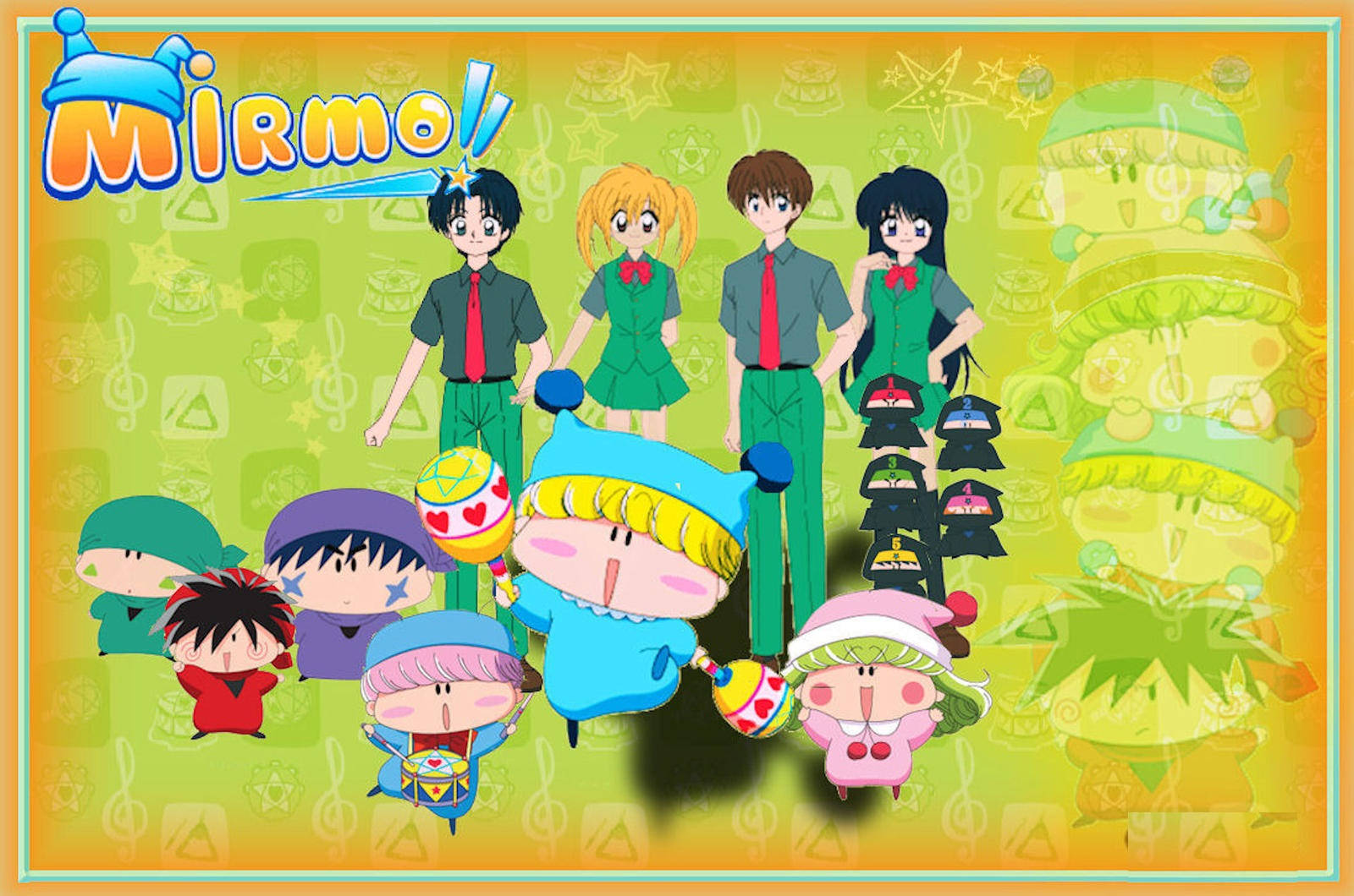Pon 桌布 壁紙 — 充滿活力的動漫桌布， featuring Mirmo! 角色穿著色彩繽紛的服裝，背景為綠色和黃色圖案。