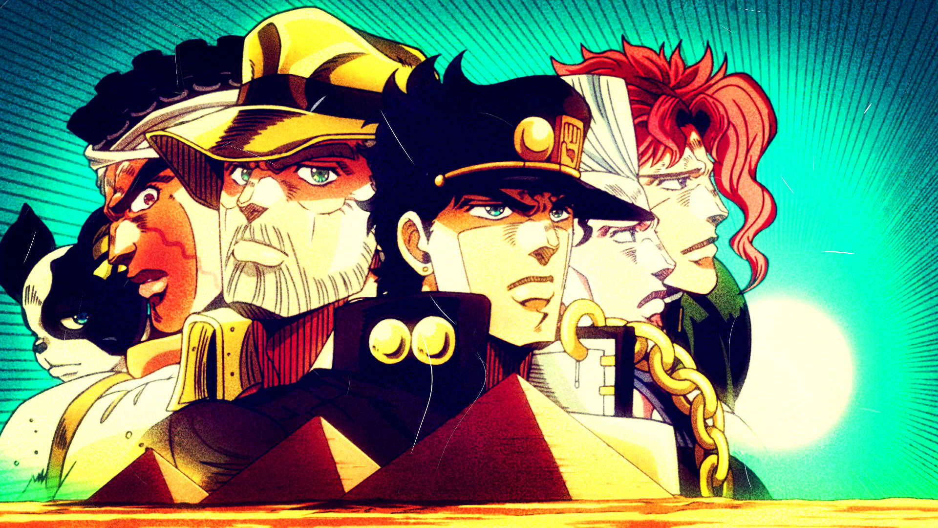 Jojo 桌布 壁紙 — 充滿活力的動漫桌布，五個堅定的角色，粗線條和動態的陽光背景。