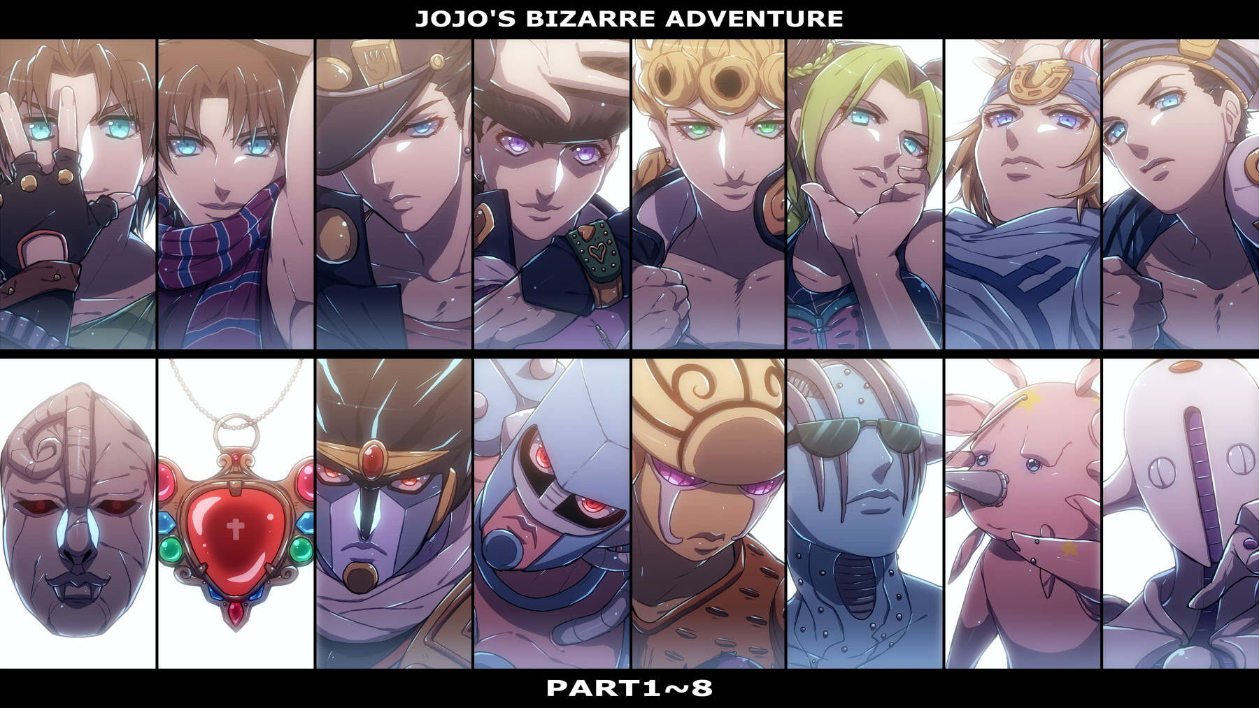 Johnny Joestar 桌布 壁紙 — 充滿活力的動漫桌布，展示JoJo的奇妙冒險角色在戲劇性的特寫中，帶有強烈的表情和標誌性配件。