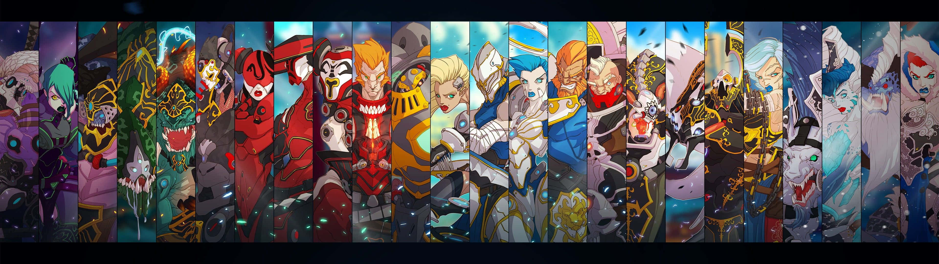 Anime Collage 桌布 壁紙 — 充滿活力的動漫桌布，展示了一系列風格化的奇幻角色，姿勢動感十足。