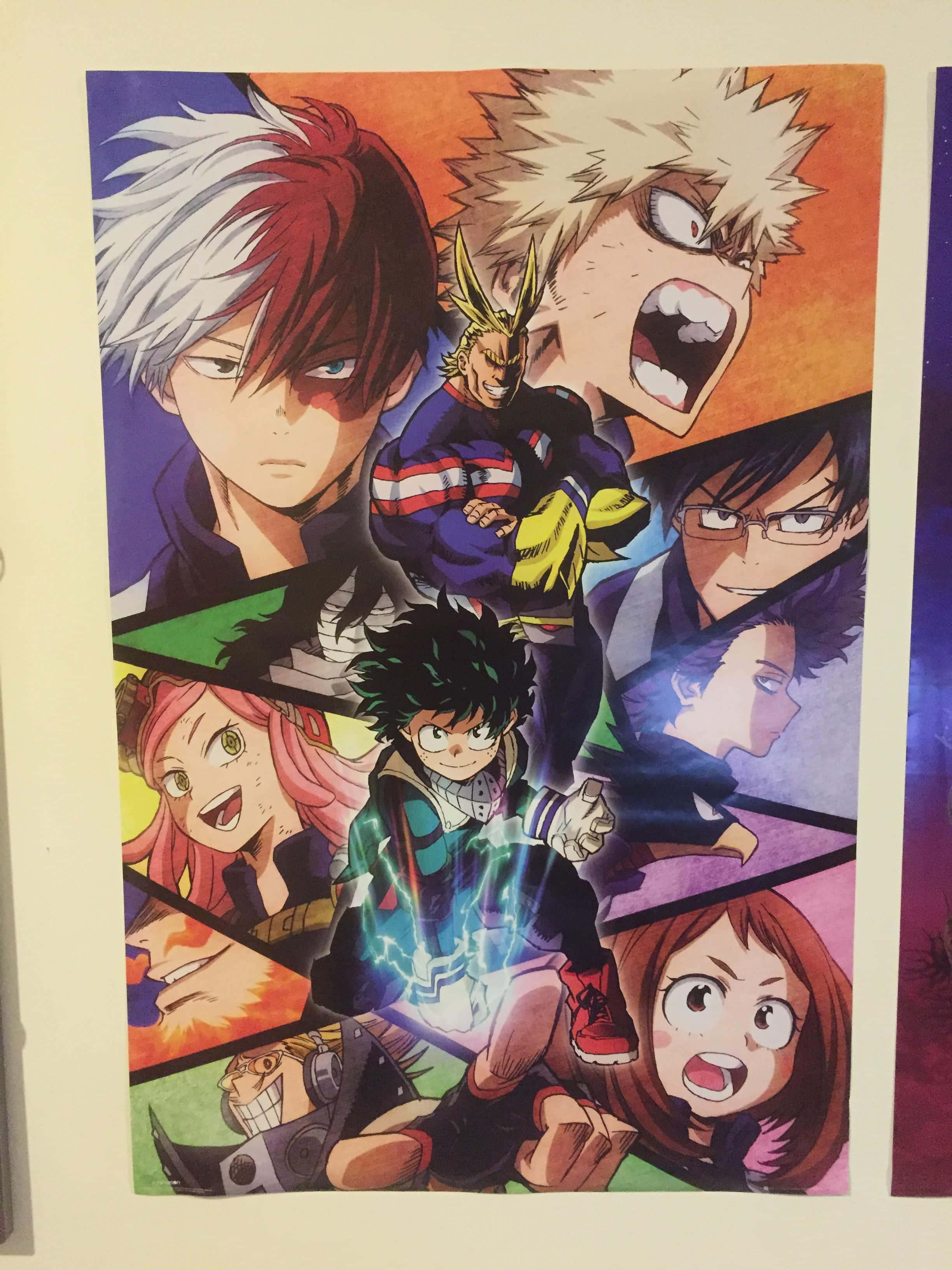 Mha 桌布 壁紙 — 充滿活力的動漫海報， featuring 我的英雄學院角色在色彩繽紛的幾何背景前擺出動態姿勢。