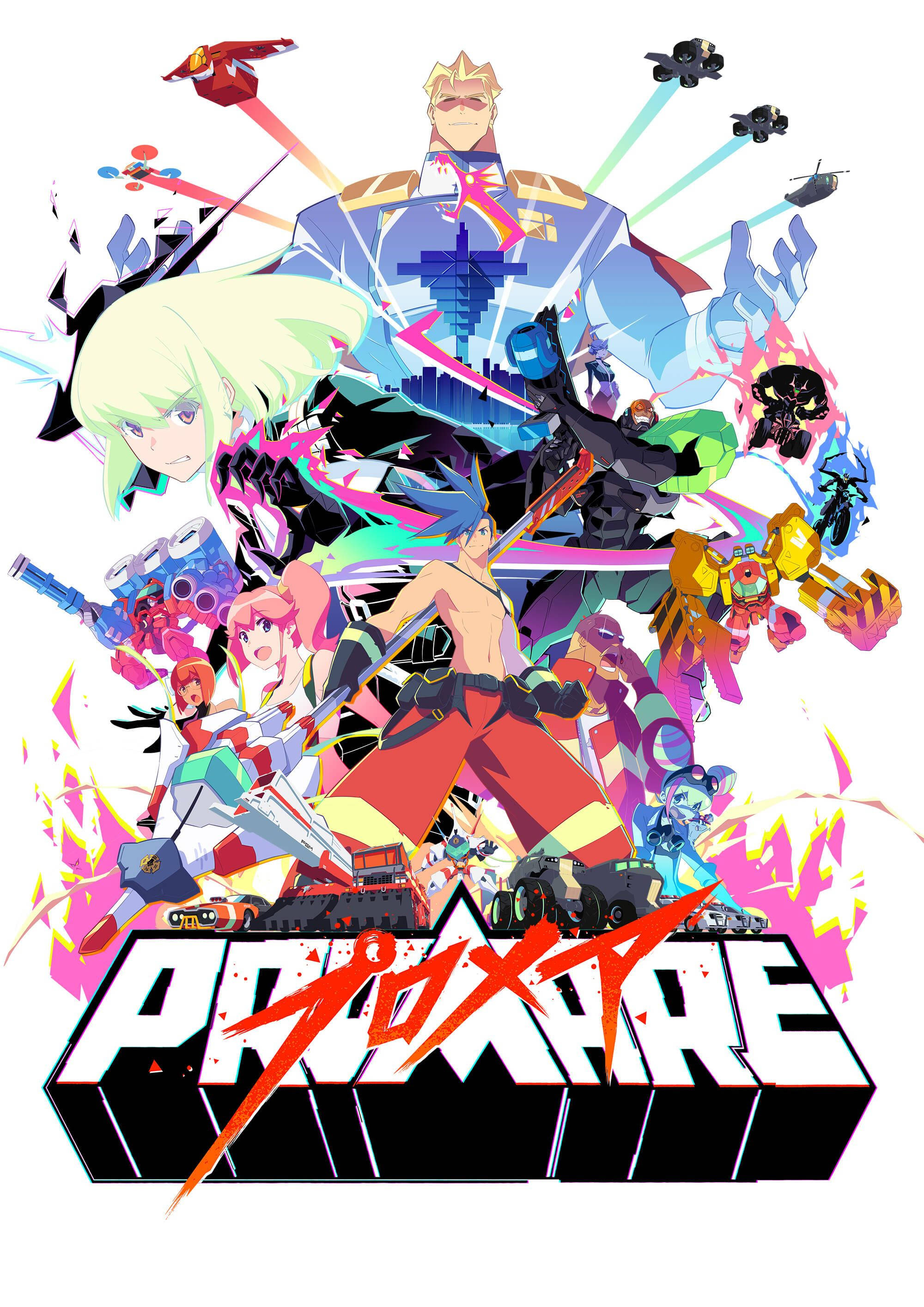 Promare 桌布 壁紙 — 充滿活力的動漫海報，以白色背景為襯托，展示多樣角色和機甲在動態動作姿勢中。