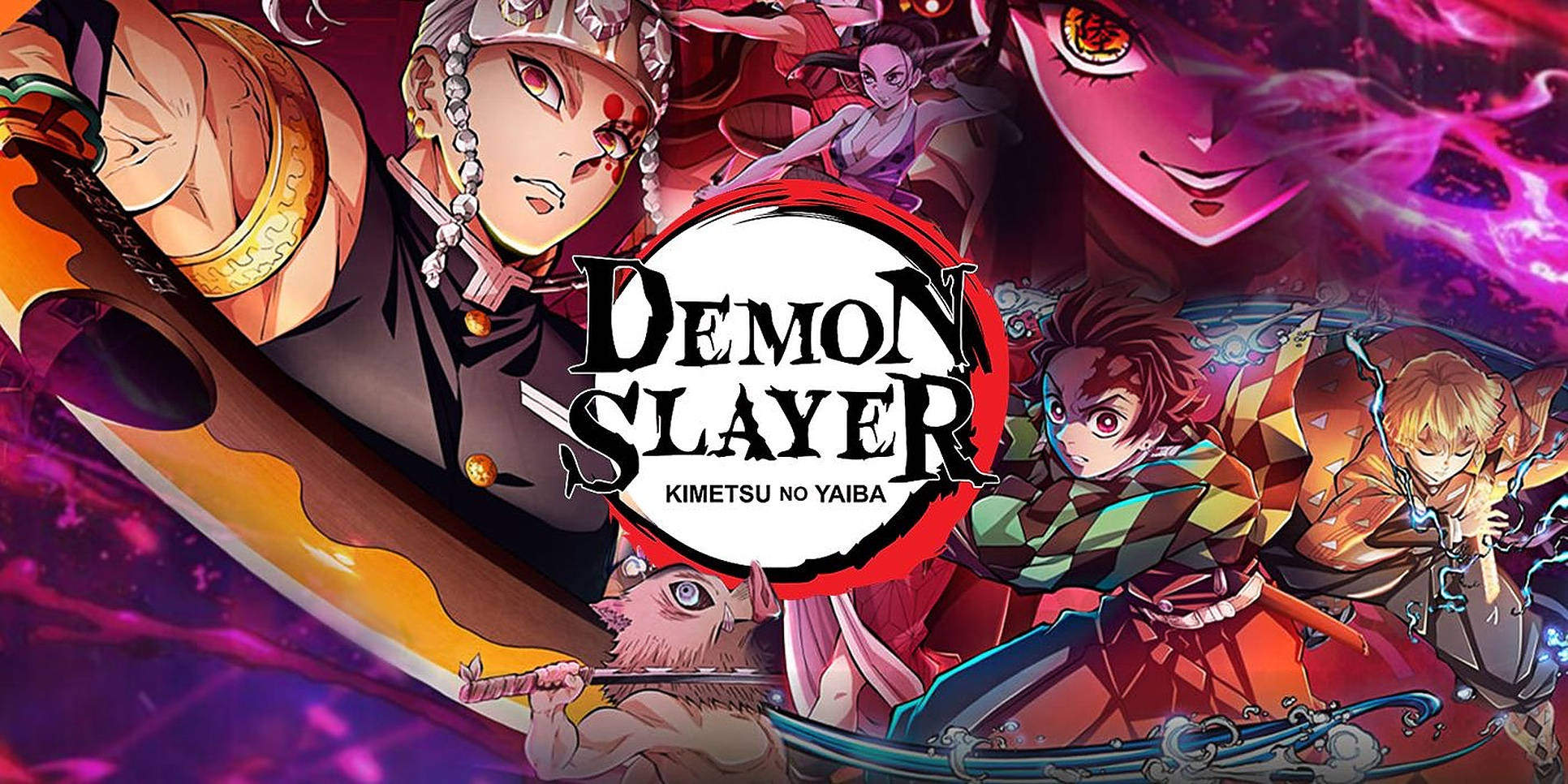 demon slayer logo 桌布 壁紙 — 充滿活力的動漫海報，以鬼滅之刃角色在動態戰鬥姿勢中，背景為火熱的紫色。
