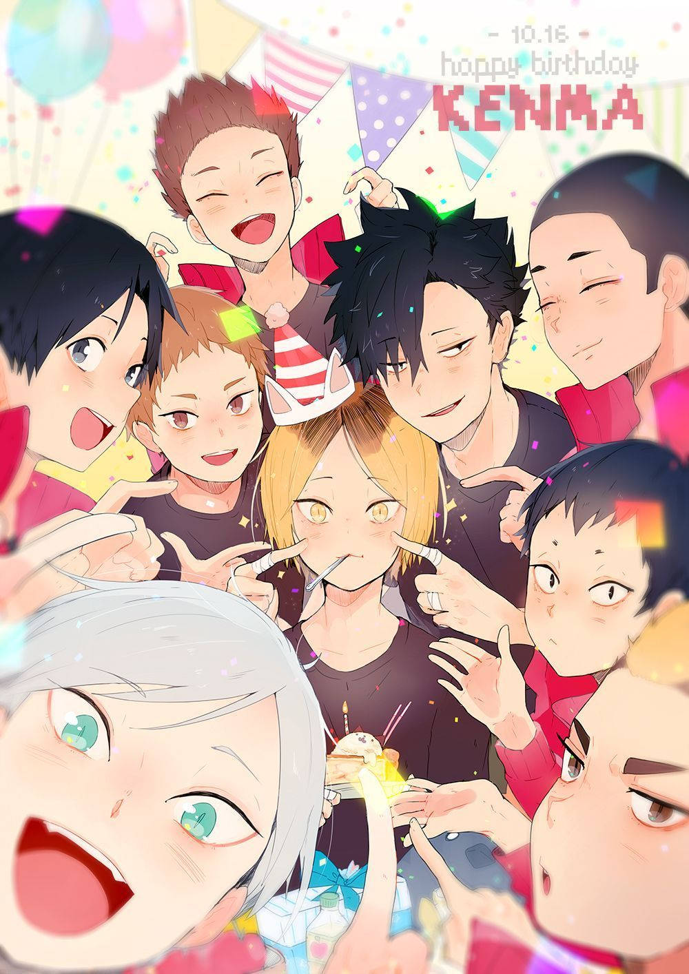 排球少年 桌布 壁紙 — 充滿活力的動漫生日慶祝活動，快樂的角色們在色彩繽紛的氣球和橫幅下圍繞著蛋糕。