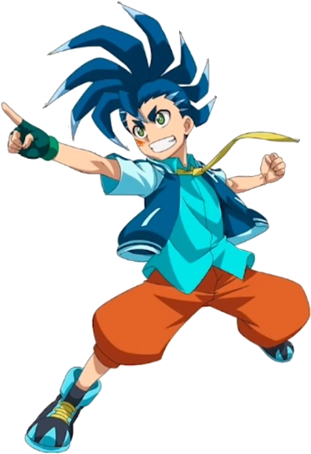 Beyblade 桌布 壁紙 — 充滿活力的動漫男孩，擁有尖刺藍色頭髮和綠色眼睛，在黑色背景前擺出動態姿勢。