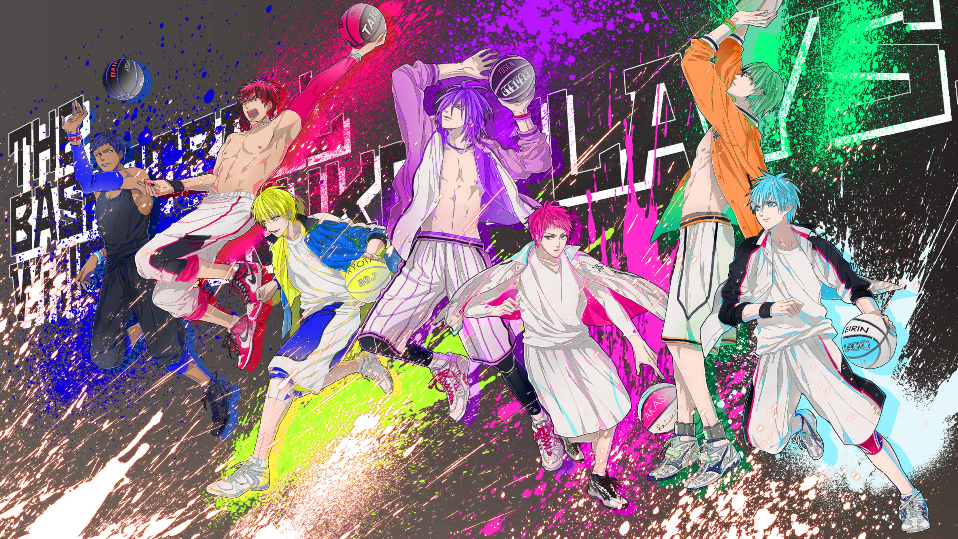 Kuroko No Basket 桌布 壁紙 — 充滿活力的動漫籃球運動員以動態姿勢站在塗鴉風格背景前，帶有鮮豔的色彩飛濺。