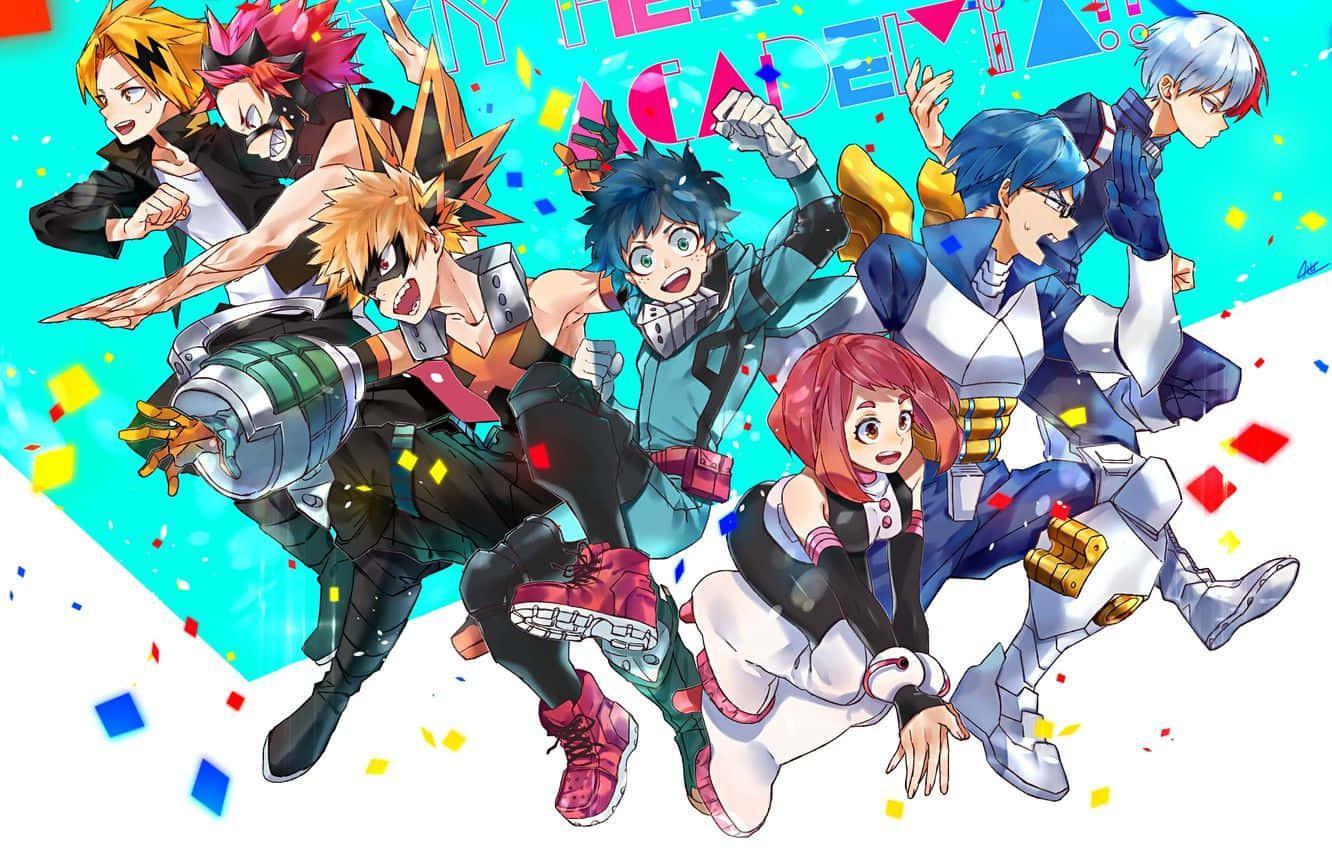 My Hero Academia Anime 桌布 壁紙 — 充滿活力的動漫英雄以動感姿勢呈現，周圍環繞著五彩紙屑，背景為明亮的青色。
