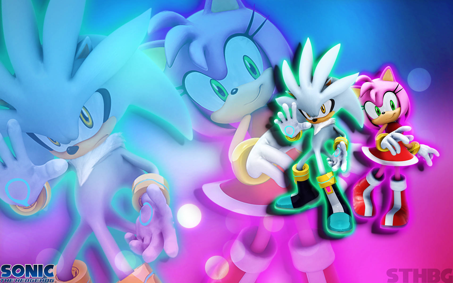 Hedgehog 桌布 壁紙 — 充滿活力的動漫角色 Sonic Amy 和 Silver 在夢幻的藍粉漸變背景上散發著霓虹能量。