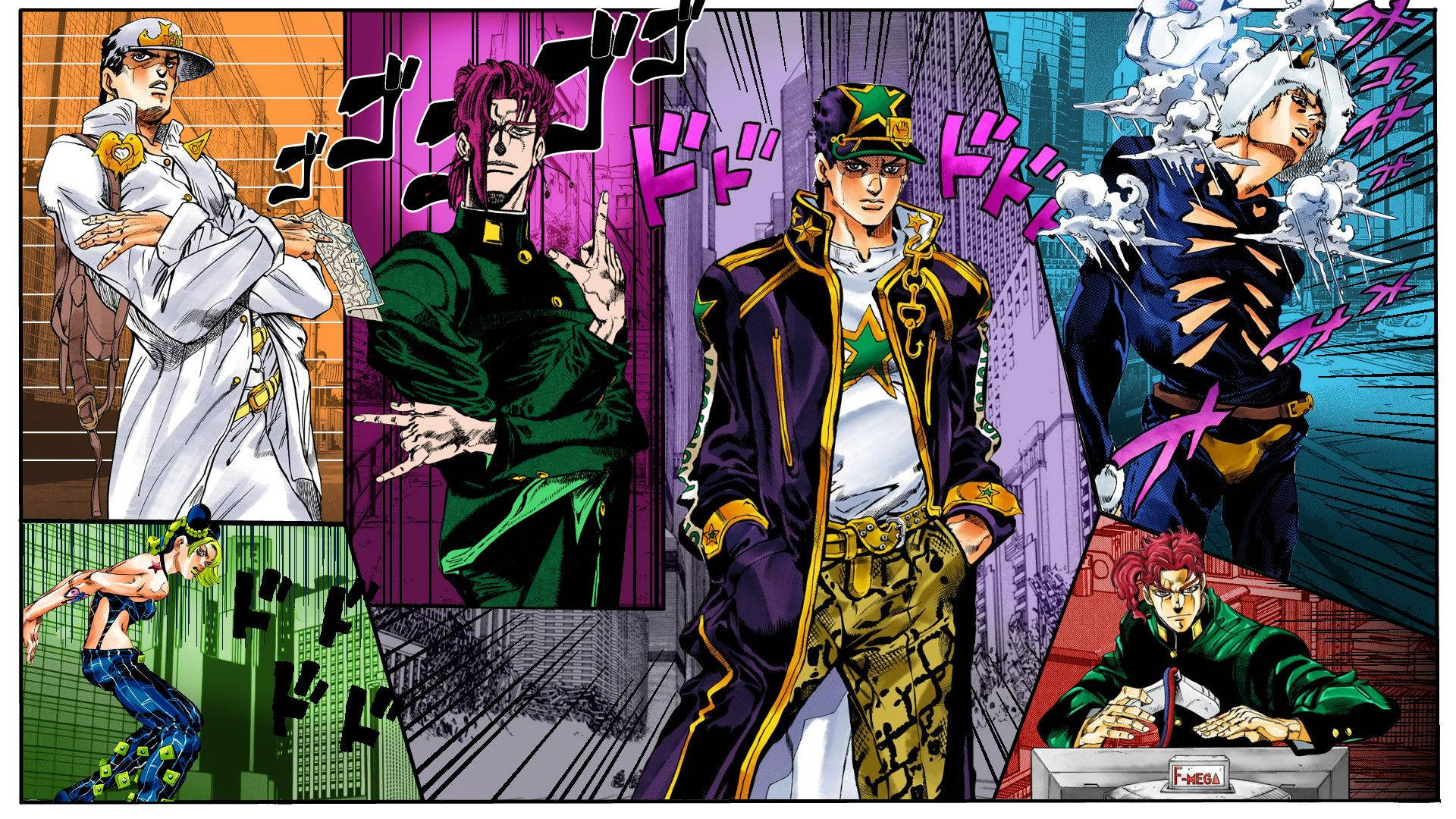 Jojo 桌布 壁紙 — 充滿活力的動漫角色，以動態姿勢呈現，搭配大膽色彩和漫畫音效。