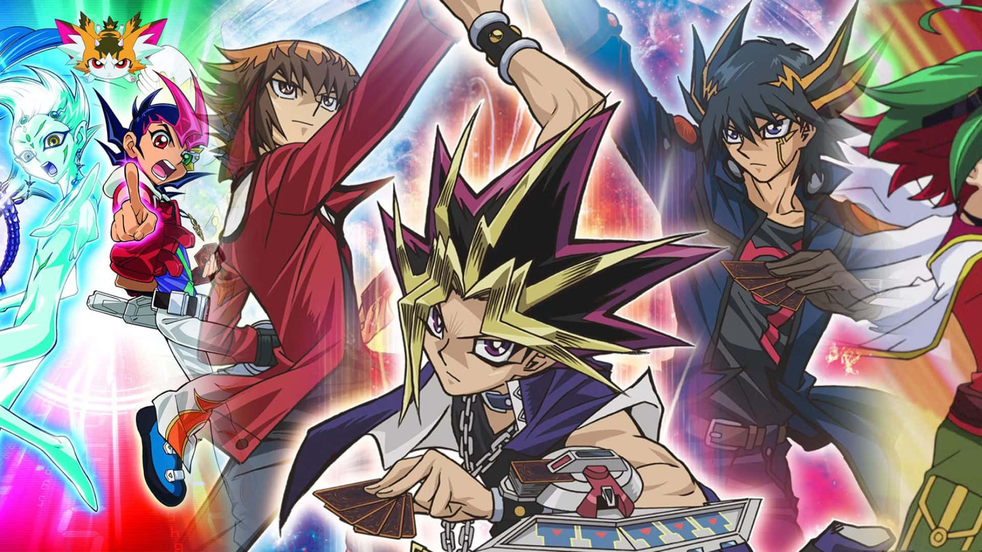 Yu-gi-oh Astral 桌布 壁紙 — 充滿活力的動漫角色，以動態姿勢呈現，帶有發光能量效果和色彩繽紛的背景。