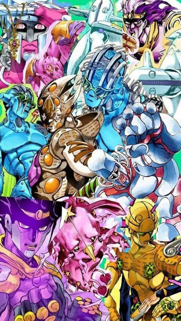 Jojo 桌布 壁紙 — 充滿活力的動漫角色，以動態姿勢展現大膽色彩和誇張表情。