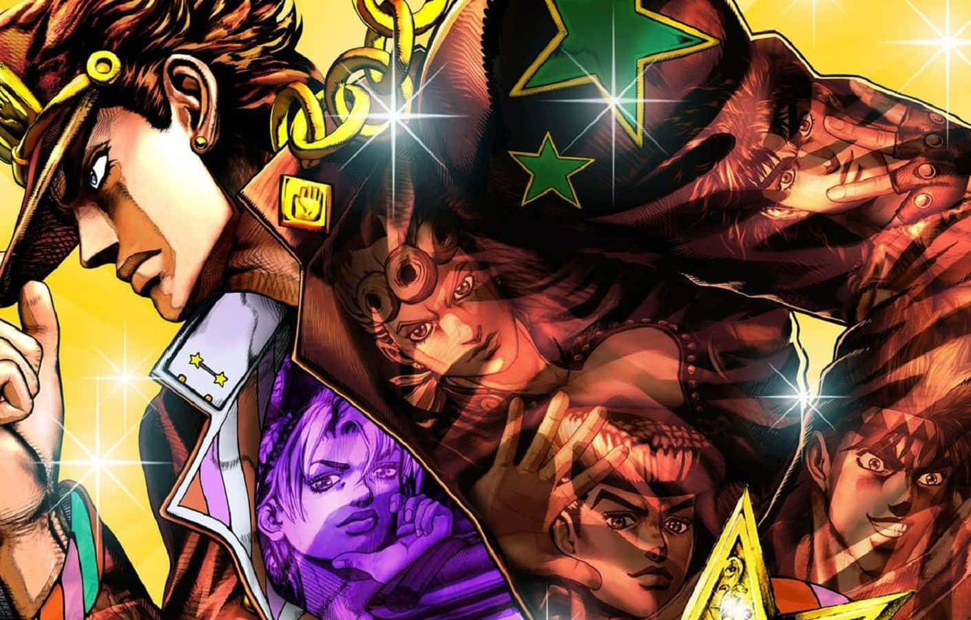 Jjba 桌布 壁紙 — 充滿活力的動漫角色，以大膽線條和鮮豔色彩，在耀眼的黃色背景上戲劇性地擺出姿勢。