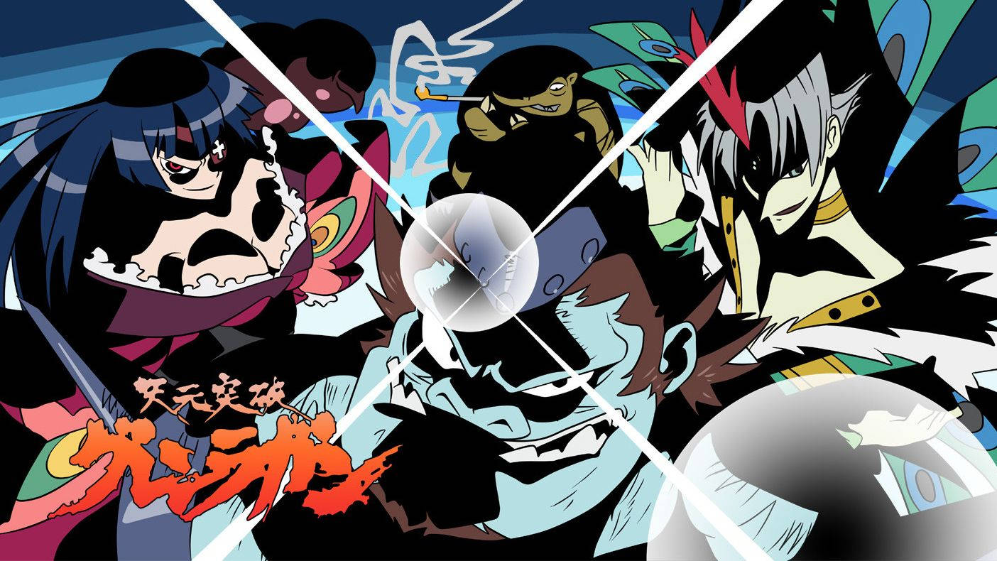 Gurren Lagann 桌布 壁紙 — 充滿活力的動漫角色，以粗線條和動態姿勢在碎裂的藍色背景上碰撞。