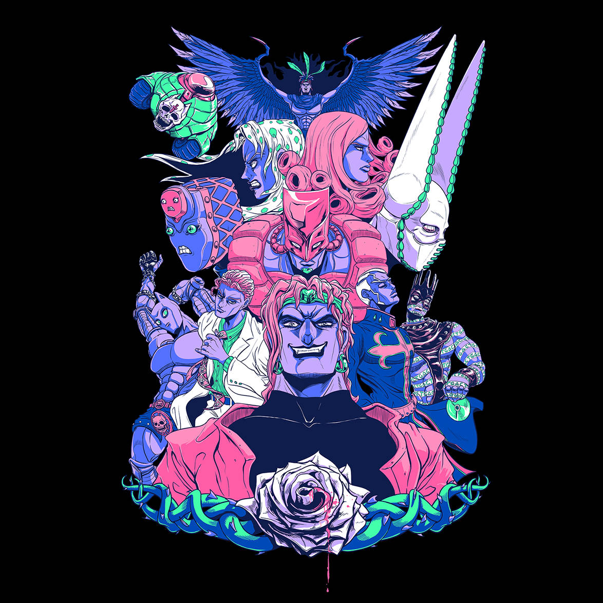 Jojo 桌布 壁紙 — 充滿活力的動漫角色，以鮮明的粉紅、藍色和綠色色調排列在黑色背景上的動態拼貼畫。