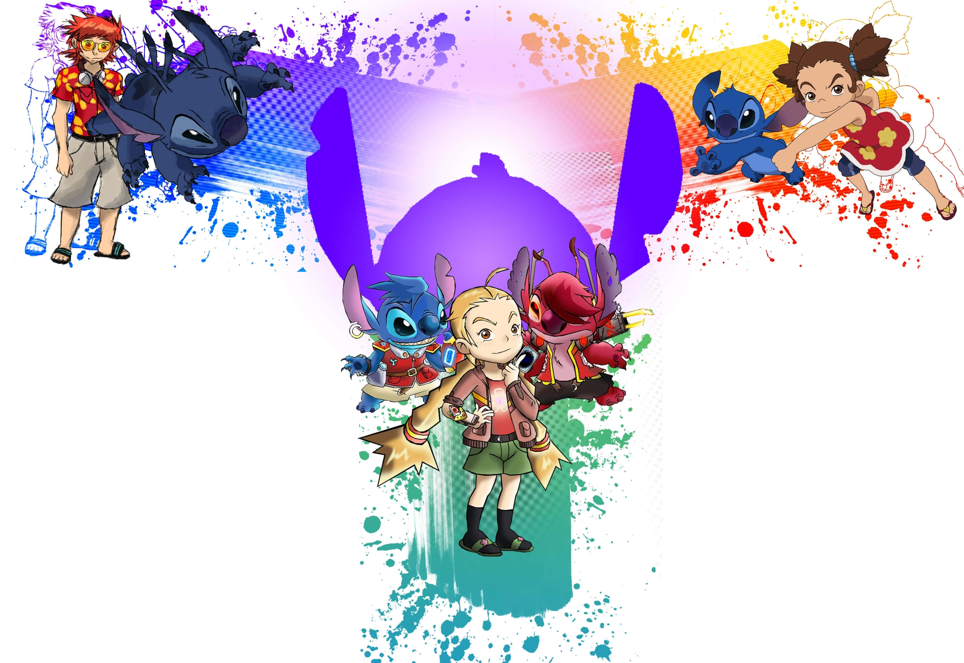 Stitch 桌布 壁紙 — 充滿活力的動漫角色，包括史迪奇和莉蘿，被白色背景上的彩色油漆飛濺包圍。