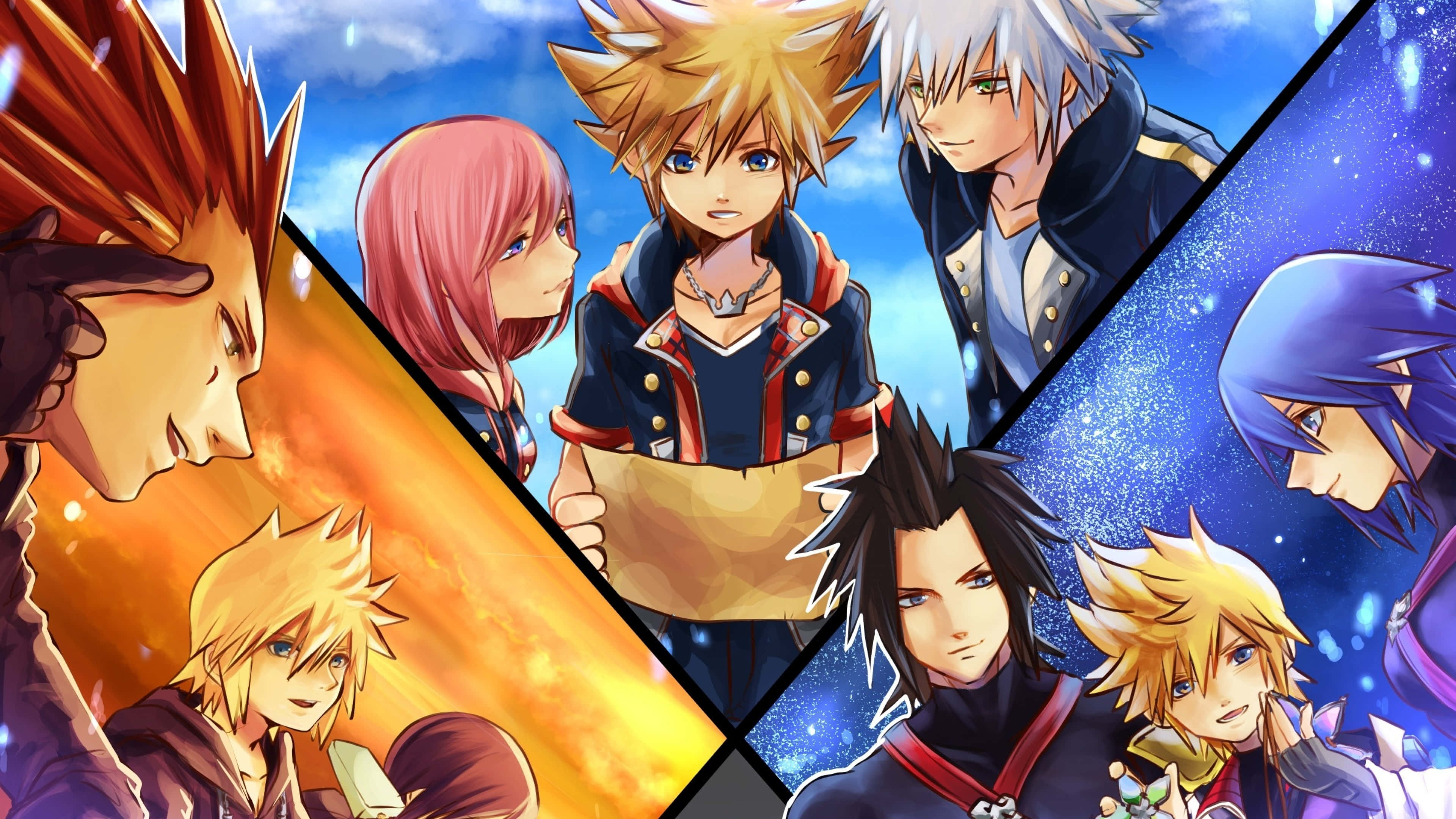 Kingdom Hearts Riku 桌布 壁紙 — 充滿活力的動漫角色，在動態三角形面板中，以火熱和星空背景襯托。