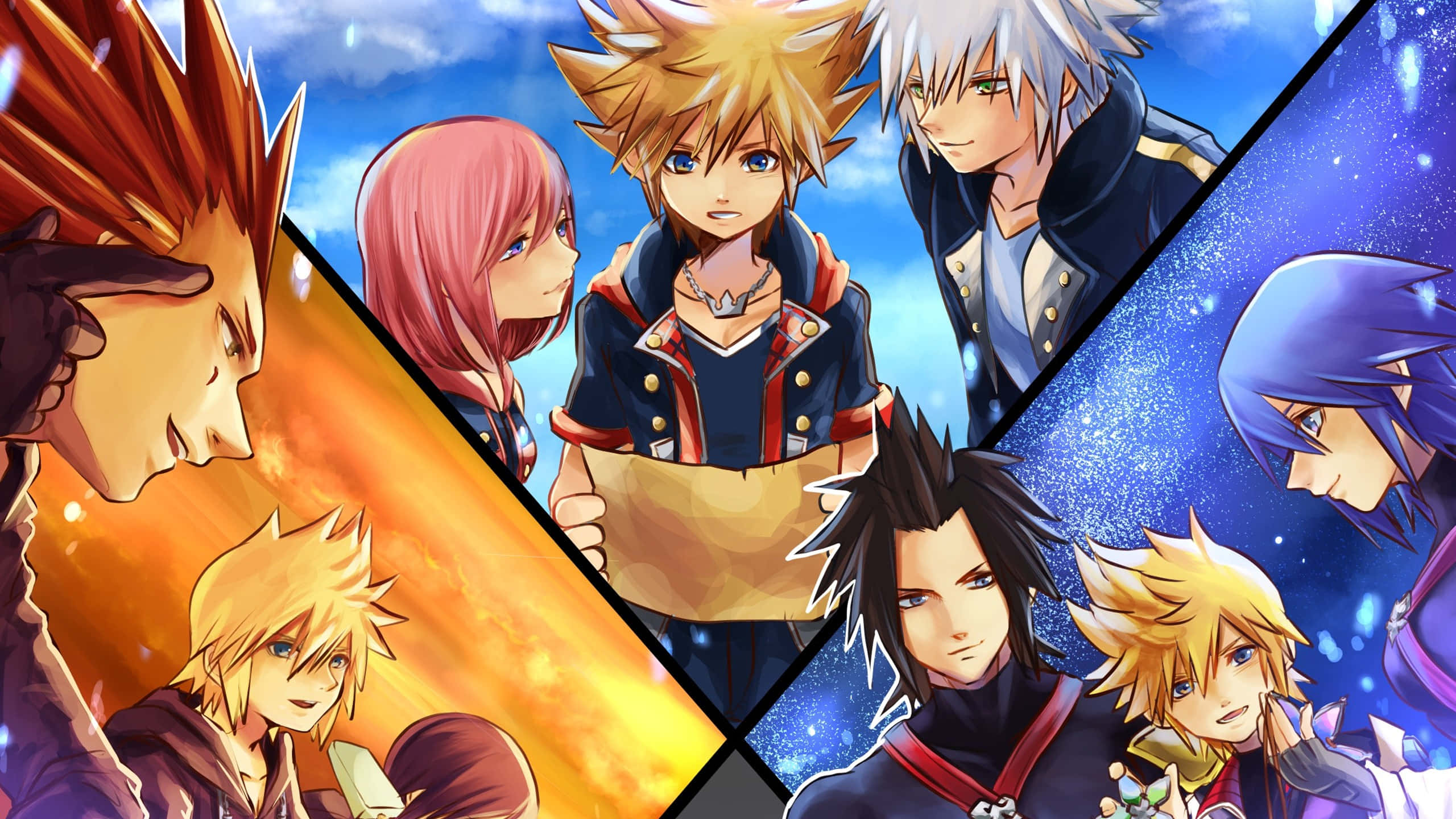 Kingdom Hearts 桌布 壁紙 — 充滿活力的動漫角色，在動態三角形面板中，背景是熾熱和星空。