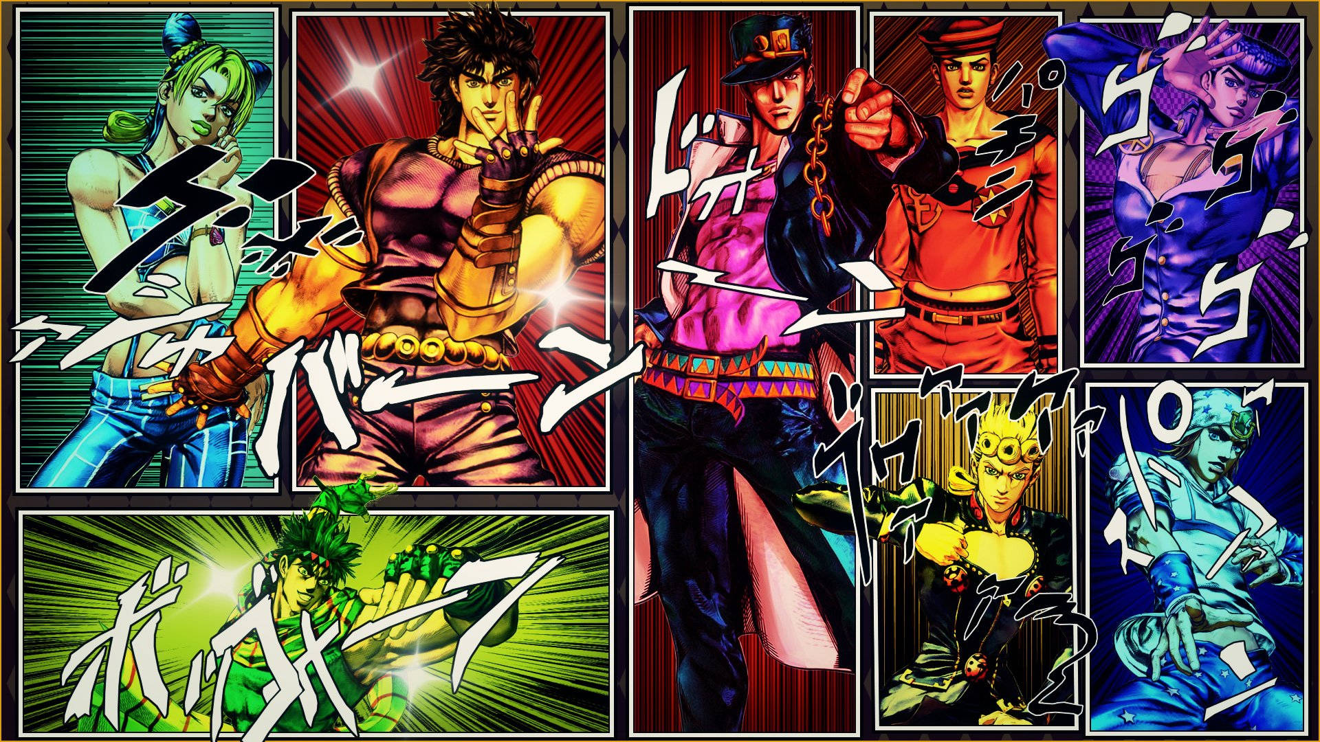 Jojo 桌布 壁紙 — 充滿活力的動漫角色，在動態漫畫面板中帶有鮮豔色彩和日文文字疊加。