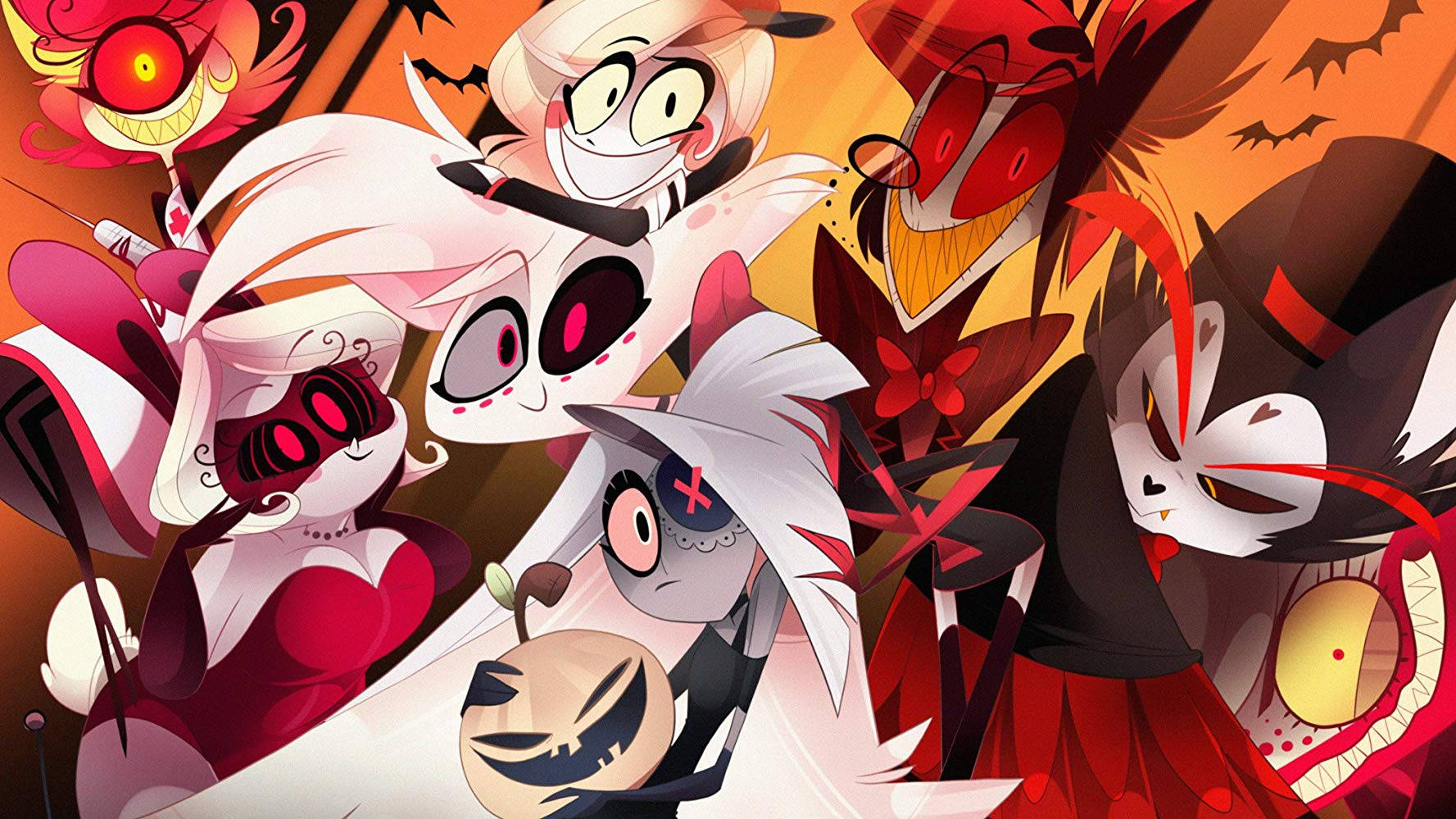 Hazbin Hotel 桌布 壁紙 — 充滿活力的動漫角色，帶有惡魔般的設計和紅白配色方案，背景是火熱的橙色。