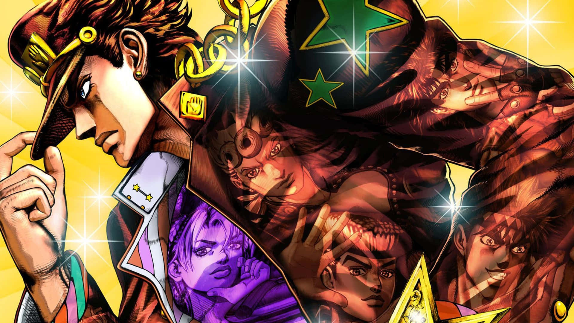 Jojo's Bizarre Adventure 桌布 壁紙 — 充滿活力的動漫角色，帶有星星圖案和粗線條，在明亮的黃色背景上迸發出來。