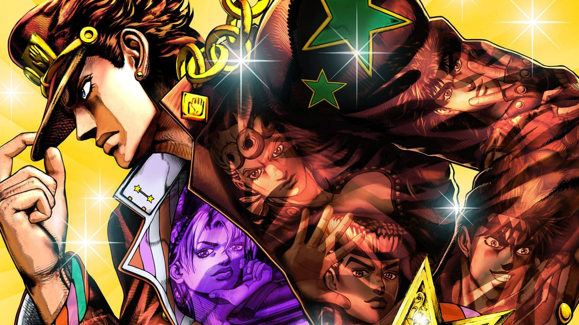 Jojo 桌布 壁紙 — 充滿活力的動漫角色，帶有星星圖案和鮮明的黃色背景，散發出動態能量和強烈的表情。