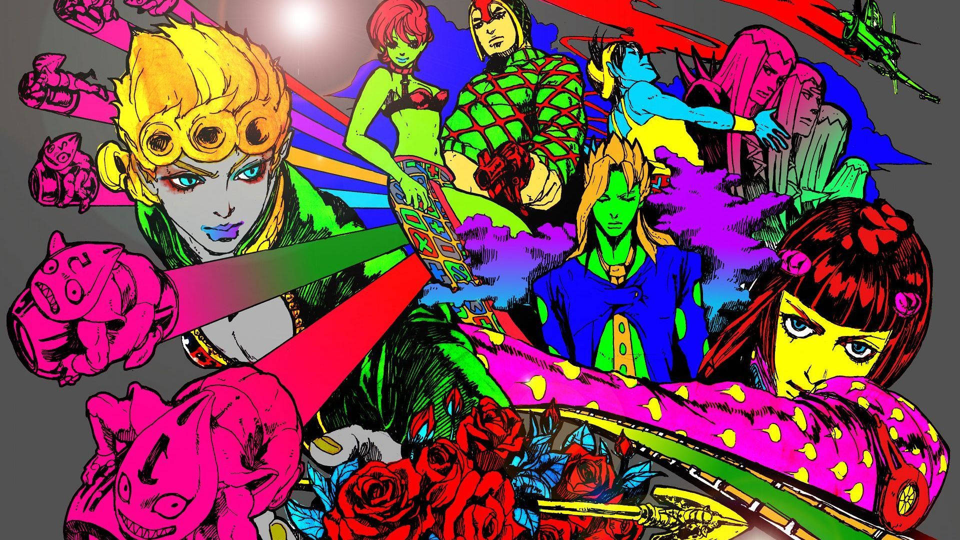 Jojo 桌布 壁紙 — 充滿活力的動漫角色，帶有粗線條和飽和色彩，在灰色背景上動態碰撞。